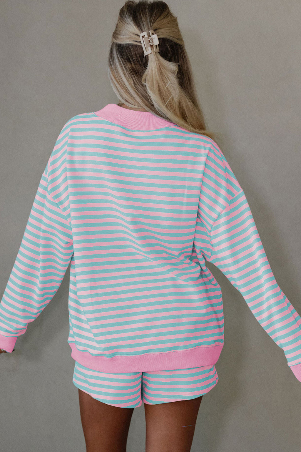 Stripe Colour Block Long Sleeve Pullover & Shorts Set | Pink, Yellow & Green Stripe