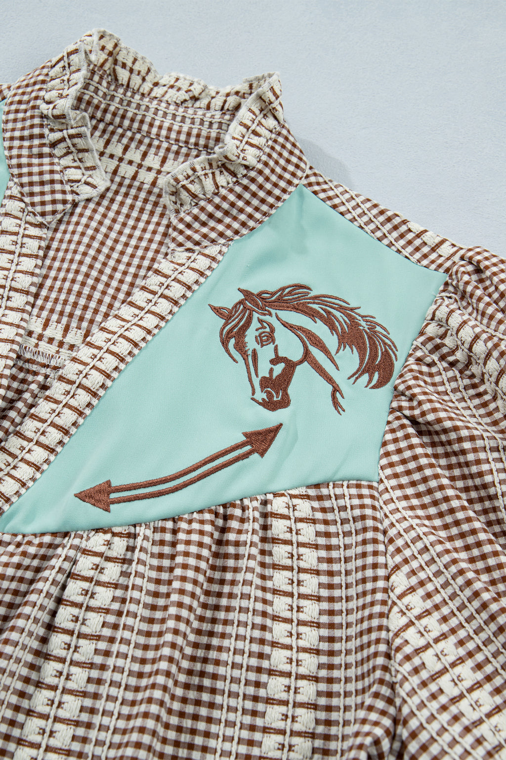 Shop Red Brown Western Gingham Blouse Pony Embroidered Puff Sleeve S-XL at LivelyLooks