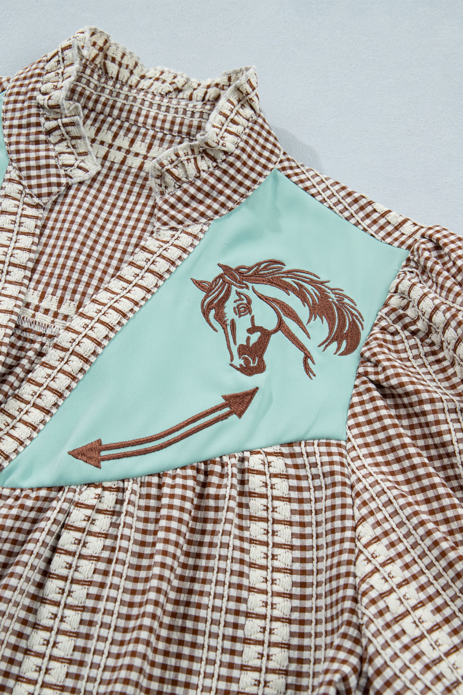 Shop Red Brown Western Gingham Blouse Pony Embroidered Puff Sleeve S-XL at LivelyLooks