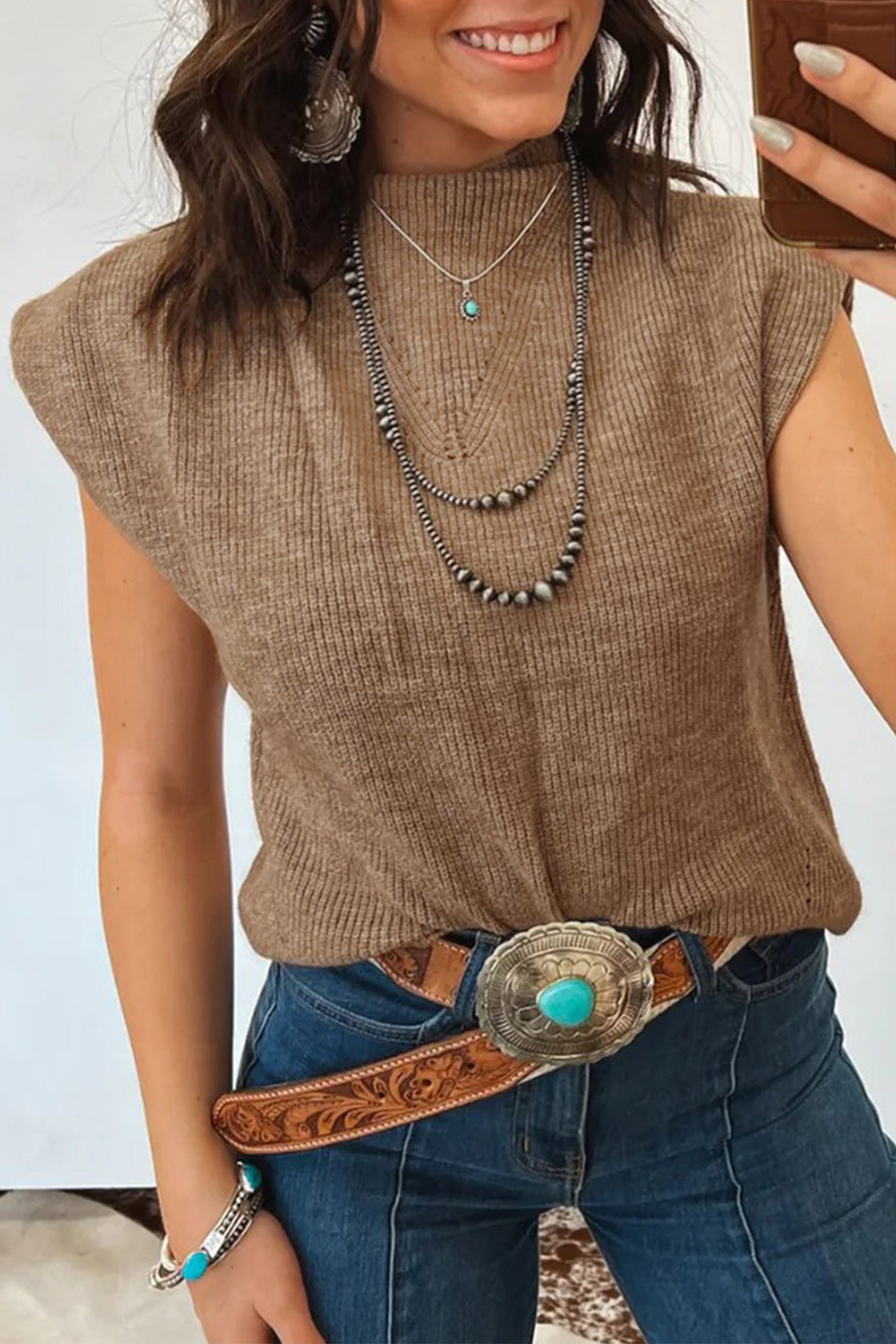 Women's Light French Beige Solid Color Ribbed Knit Mock Neck Loose Sleeveless Sweater at LivelyLooks