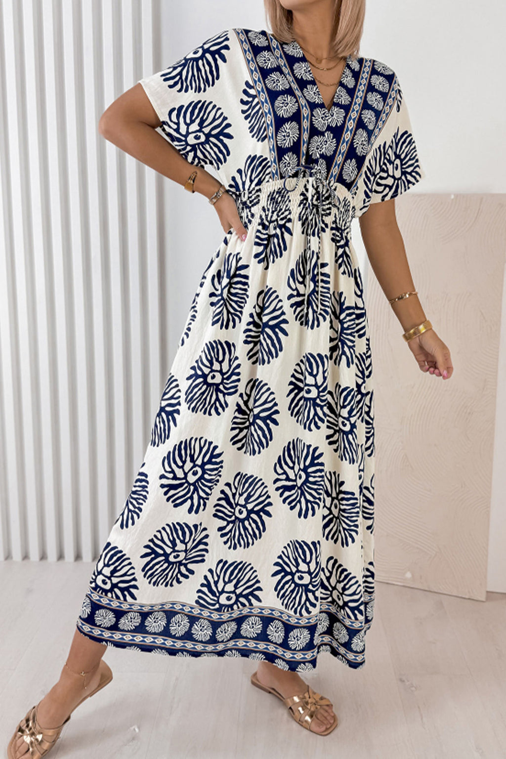 Blue Boho Floral Contrast Patchwork V-Neck Tie Waist Dolman Maxi Dress