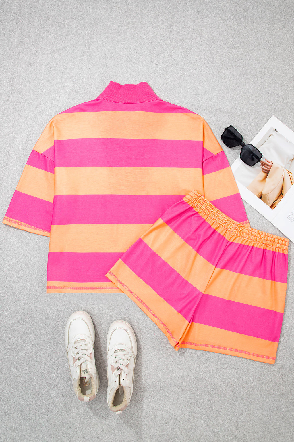 Seam Detail Half-Zip Tee & Casual Shorts Co-ord | Pink, Sky Blue & Yellow Stripe
