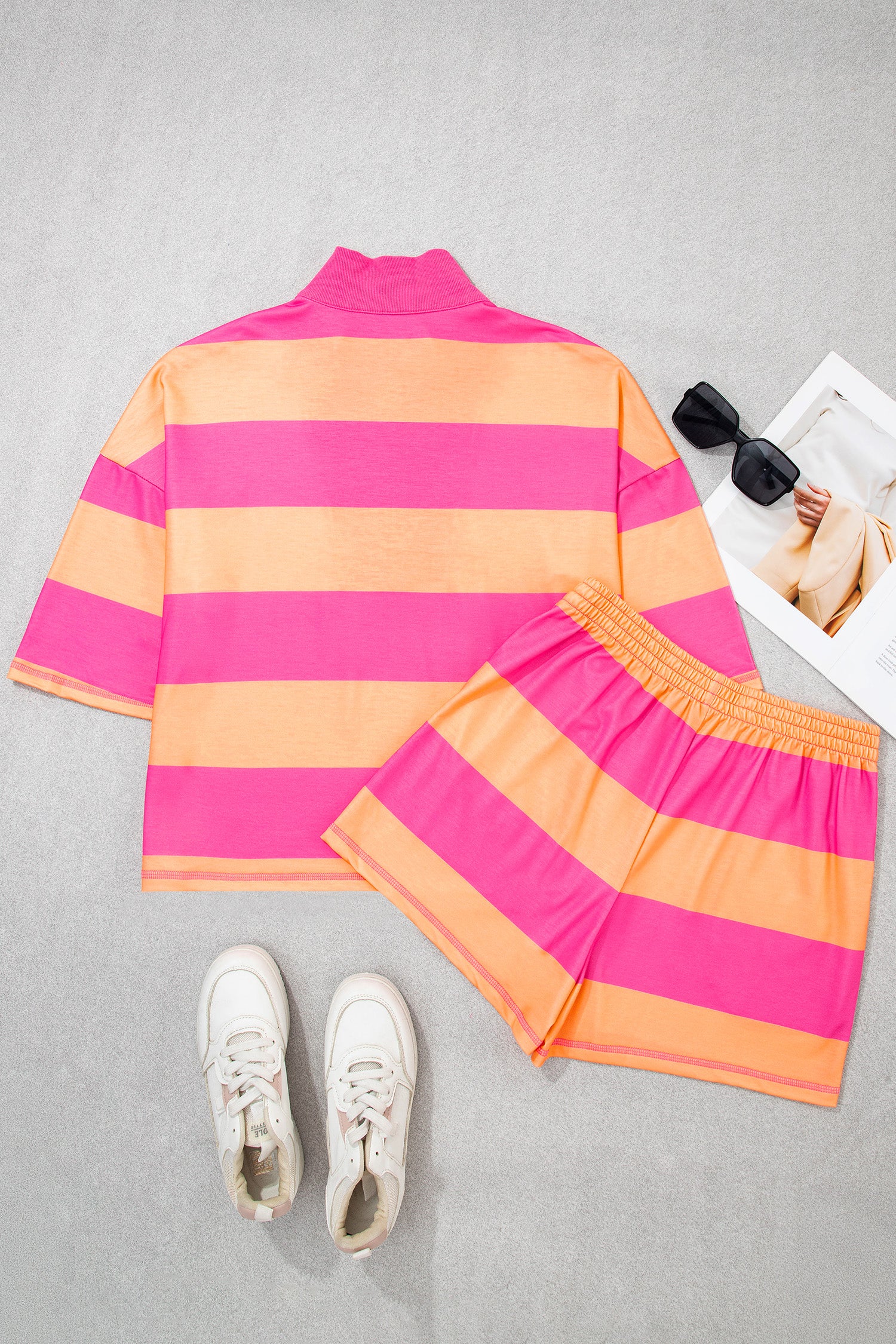 Seam Detail Half-Zip Tee & Casual Shorts Co-ord | Pink, Sky Blue & Yellow Stripe