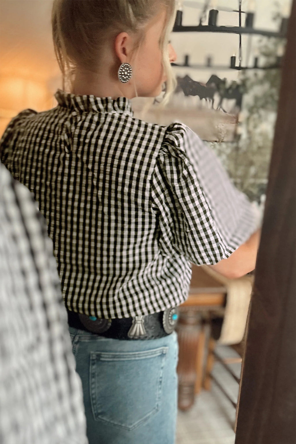 Black Plaid Puff Sleeve Frilled Neck Blouse S-XL