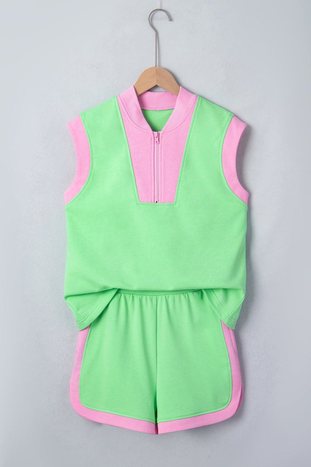 Green Colour Block Half Zip Top & Athleisure Shorts Set | UK 8–22