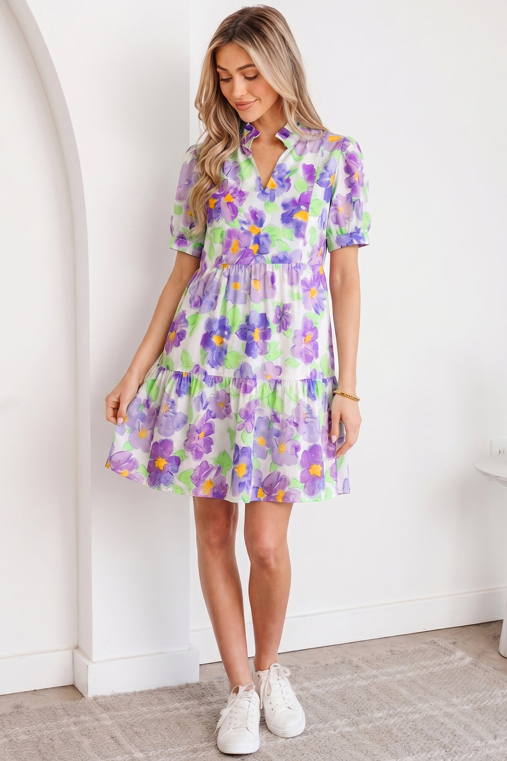 Purple Floral V Collar Short Sleeve Tiered Ruffle Mini Dress S-XL
