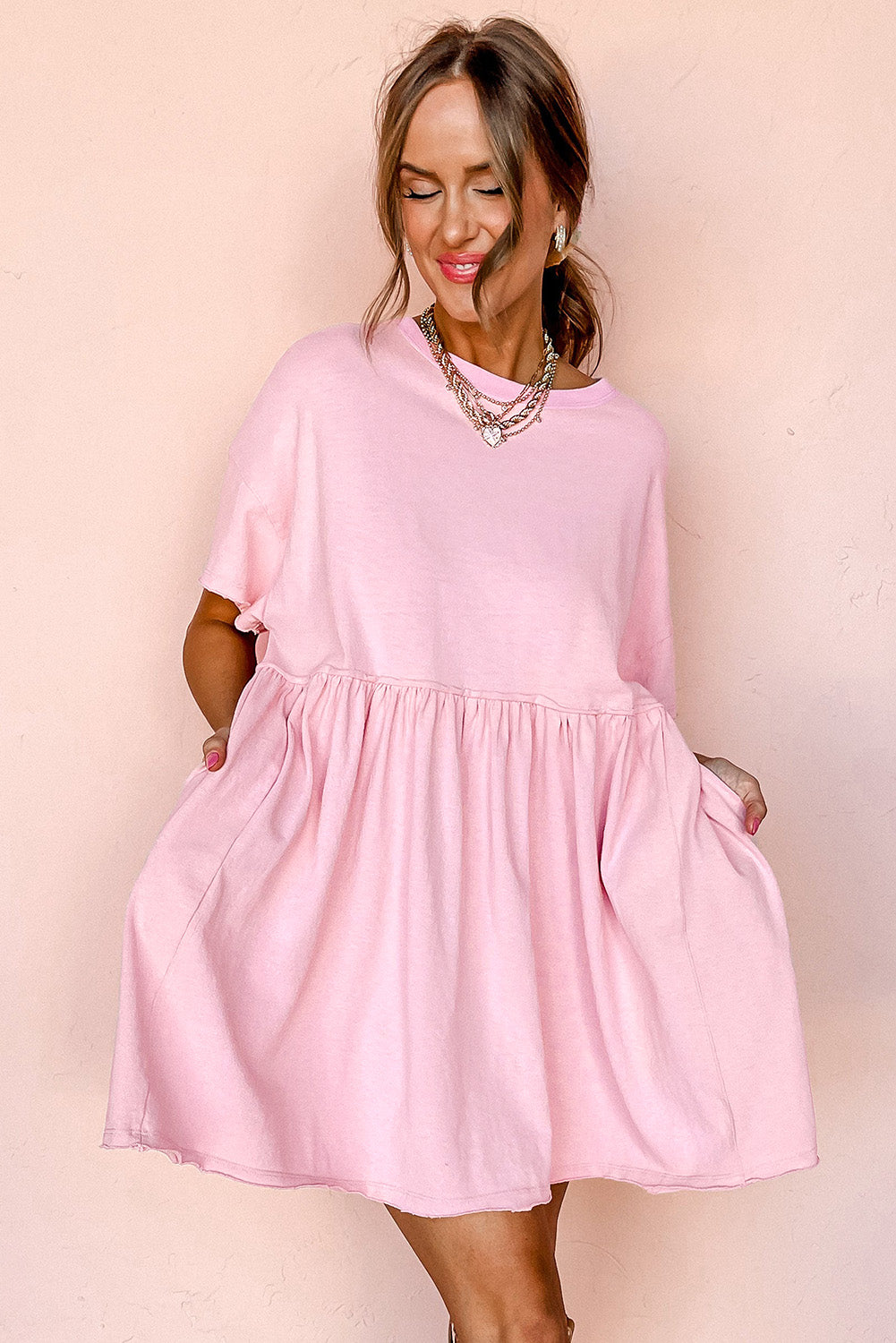Women's Pink Jade Babydoll Mini Dress Raw Edge Pockets Sleeveless UK 8-26 at LivelyLooks
