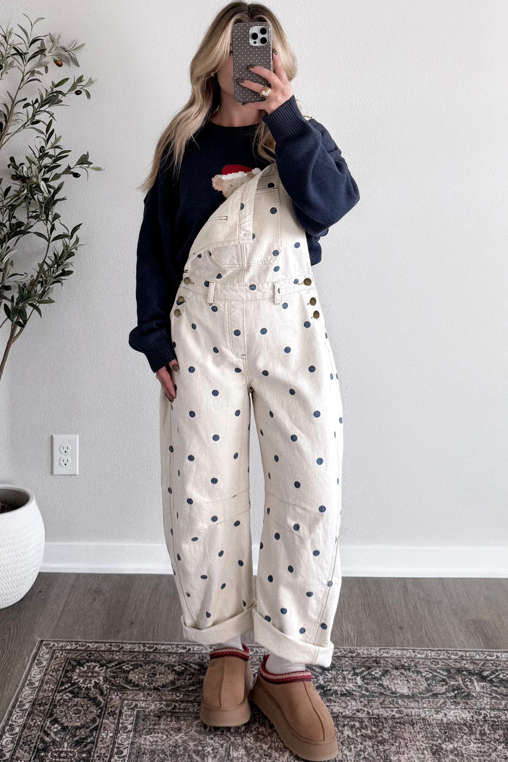 Polka Dot Denim Barrel Overalls Jumpsuit | Cream Beige Pink UK 8–22