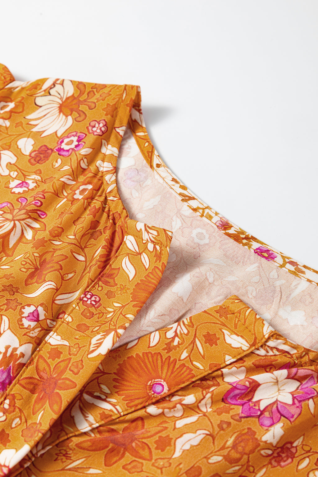 Women's Orange Floral Boho Maxi Dress Smocked Waist Puff Sleeve Tiered S-XL at LivelyLooks