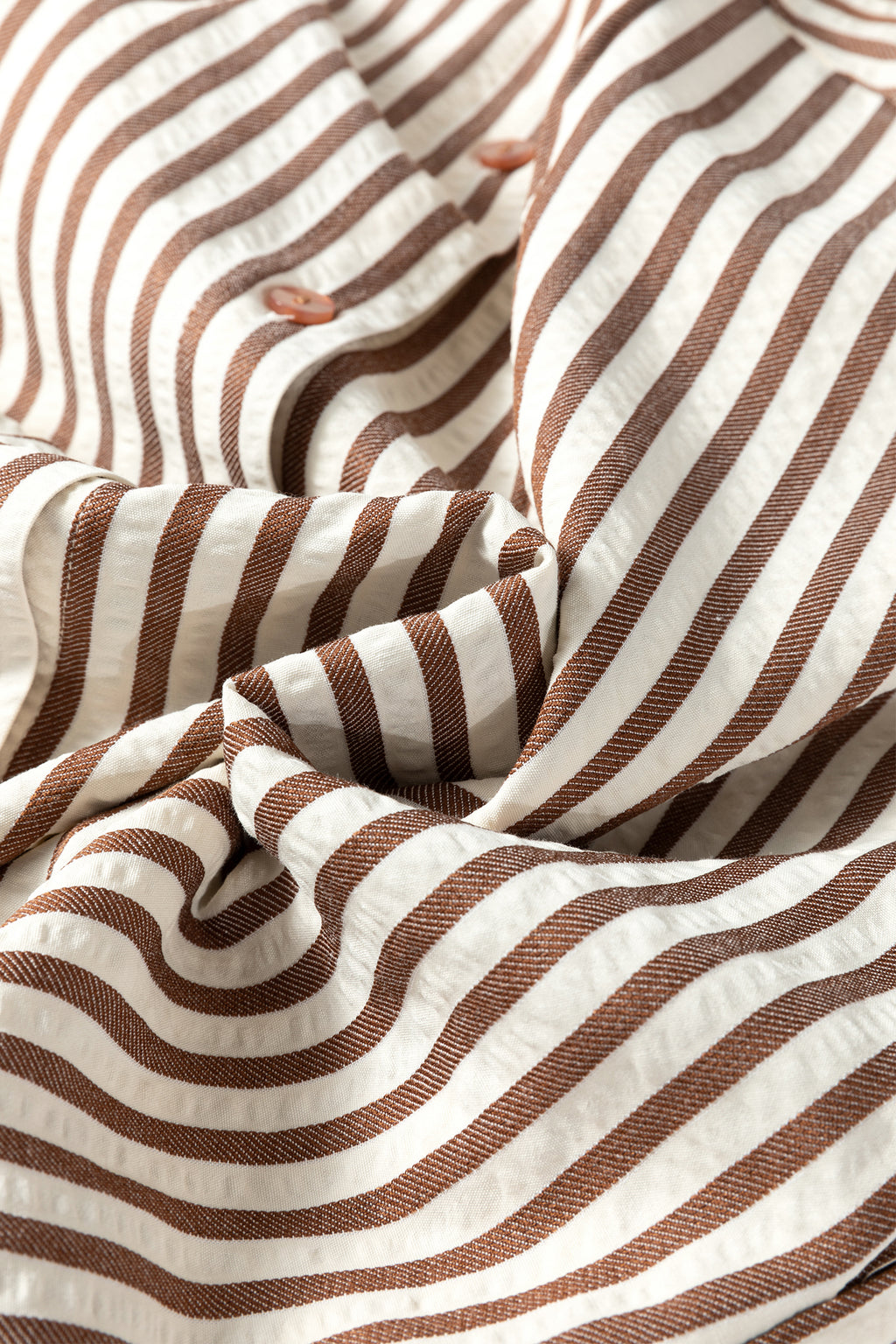 Brown Stripe Textured Midi Shirt Dress 3/4 Sleeve Round Hem Split Women S-XL