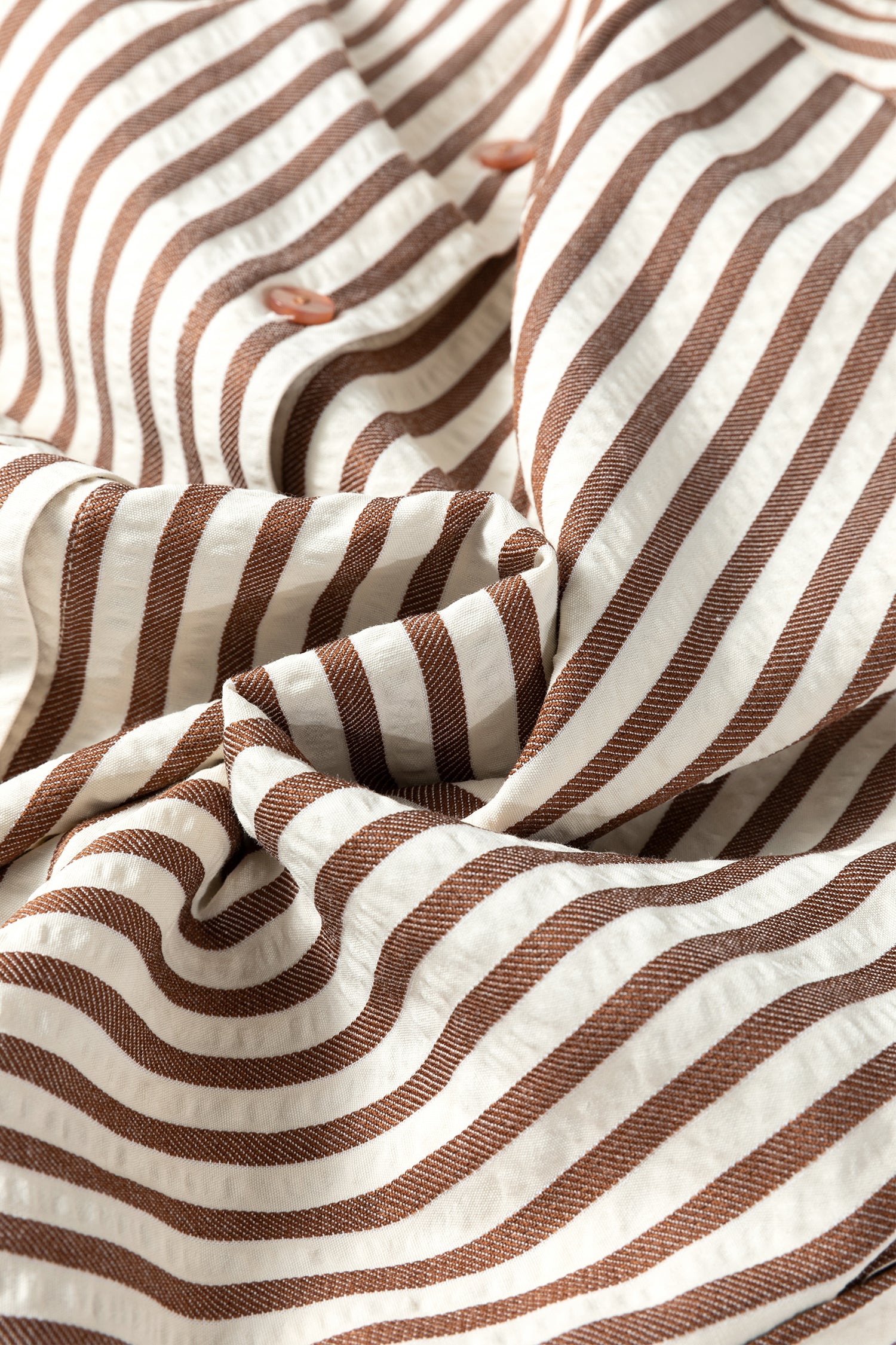 Brown Stripe Textured Midi Shirt Dress 3/4 Sleeve Round Hem Split Women S-XL