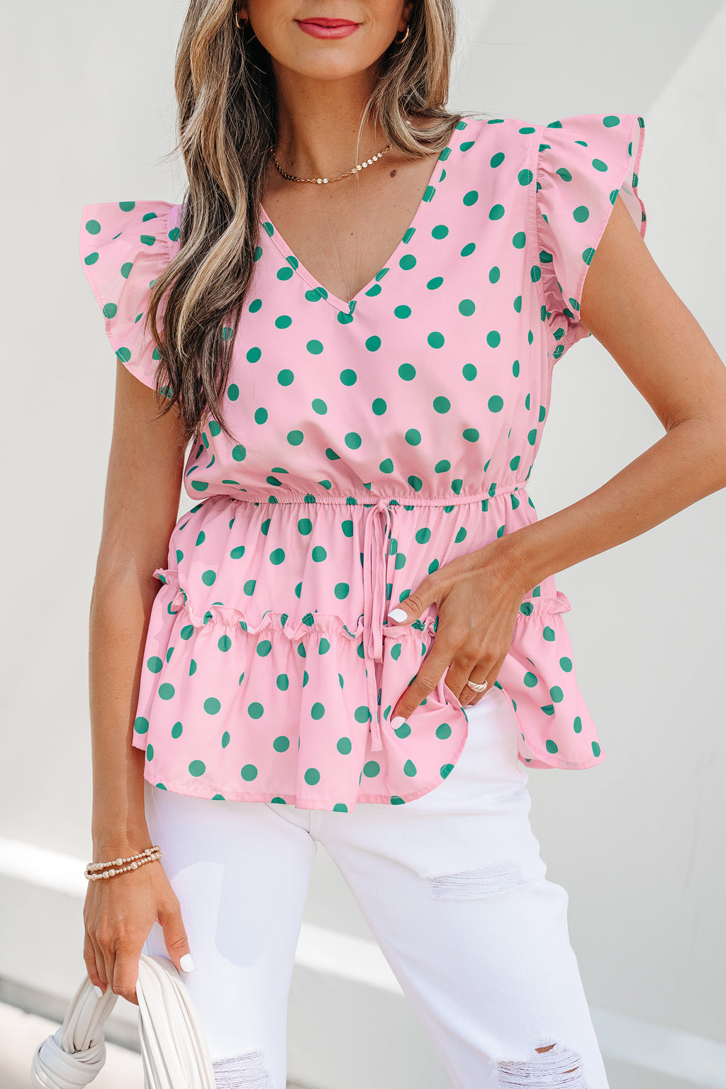 Shop Pink Polka Dot V-Neck Drawstring Tiered Babydoll Blouse at LivelyLooks