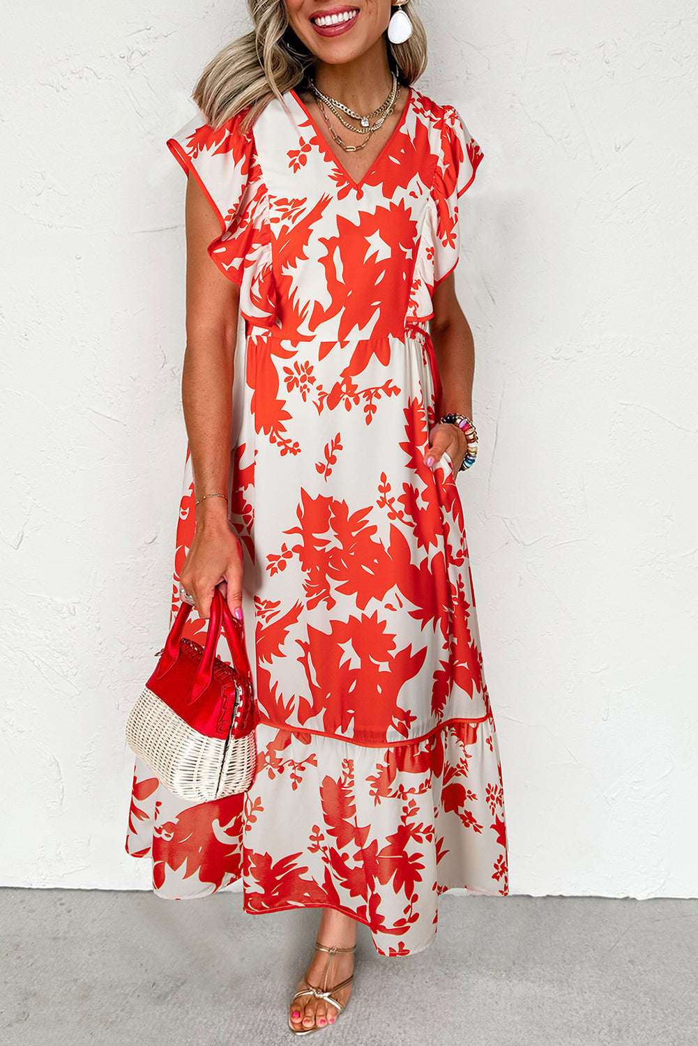 Red Floral Print Trimmed V Neck Ruffle Sleeve Long Dress S-XL