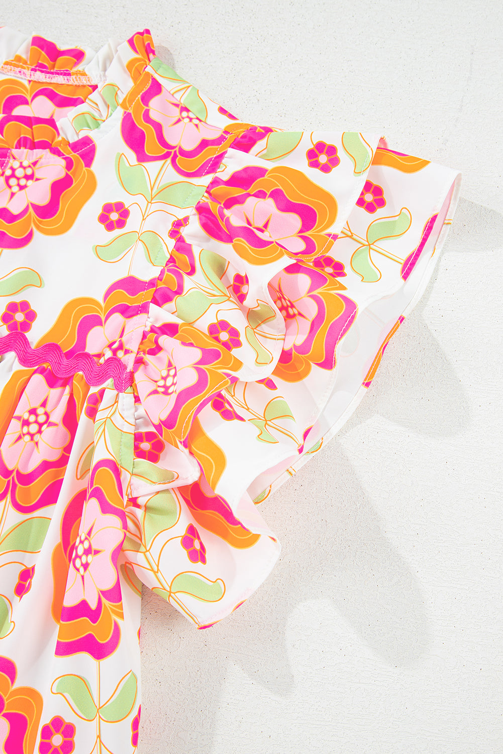 Shop Pink Floral Ruffled Sleeve Ric-rac Trim Split Neck Loose Blouse Summer Holiday Top at LivelyLooks