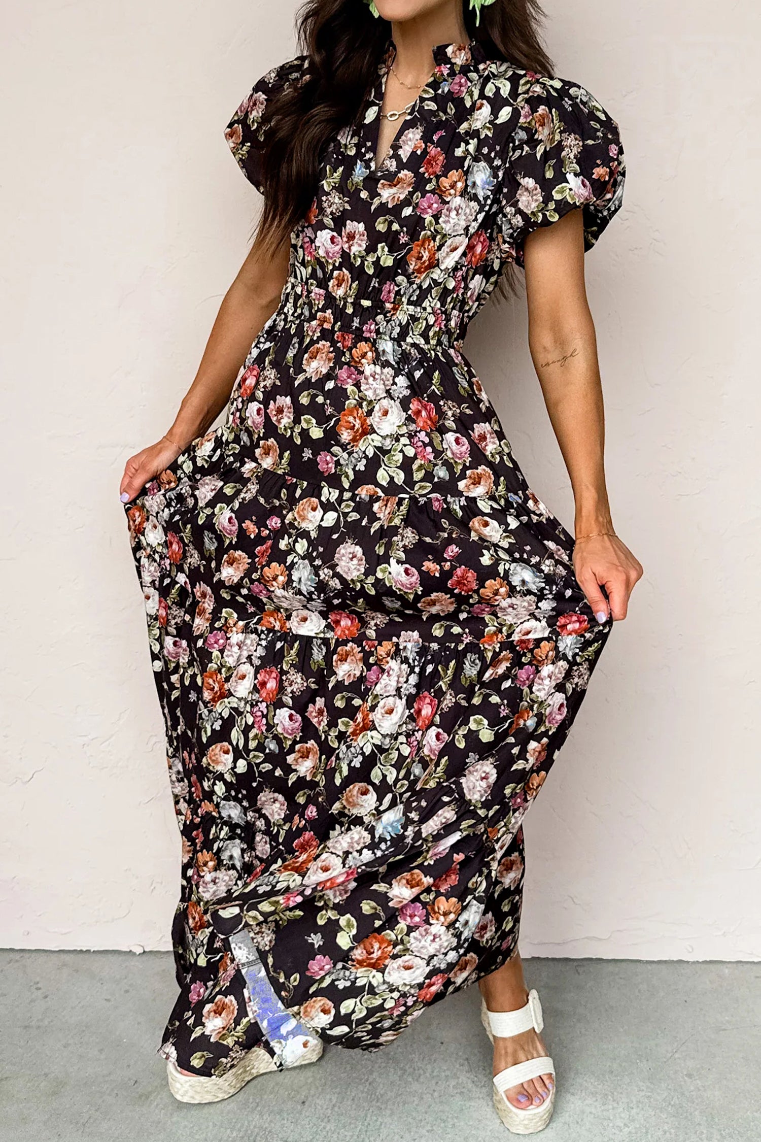 Black Floral Print V Neck Pleated Tiered Maxi Dress S-XL