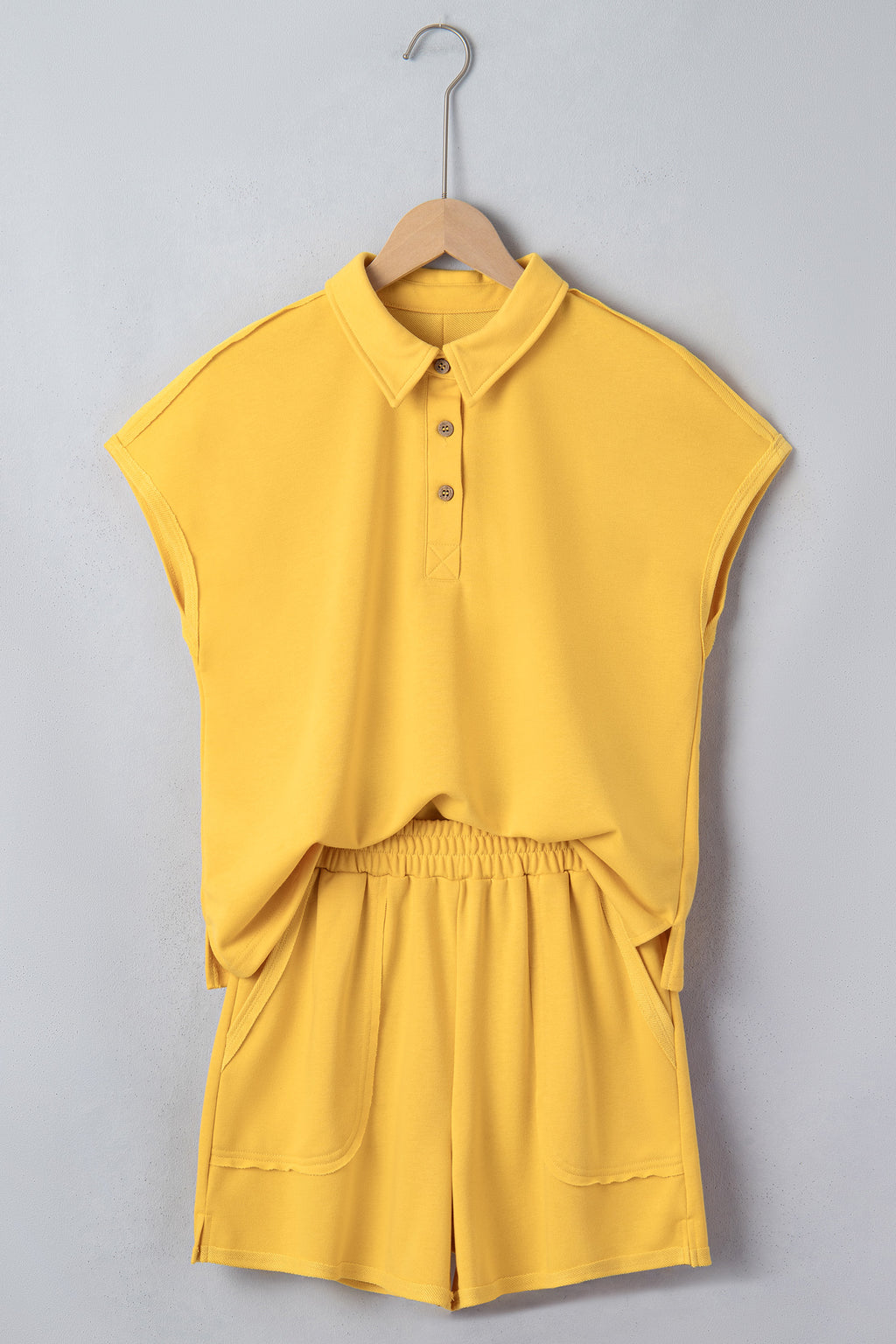 Women's Yellow & Blue Loose Polo Tee & Elastic Waist Shorts Co-ord Set | S-XL at LivelyLooks