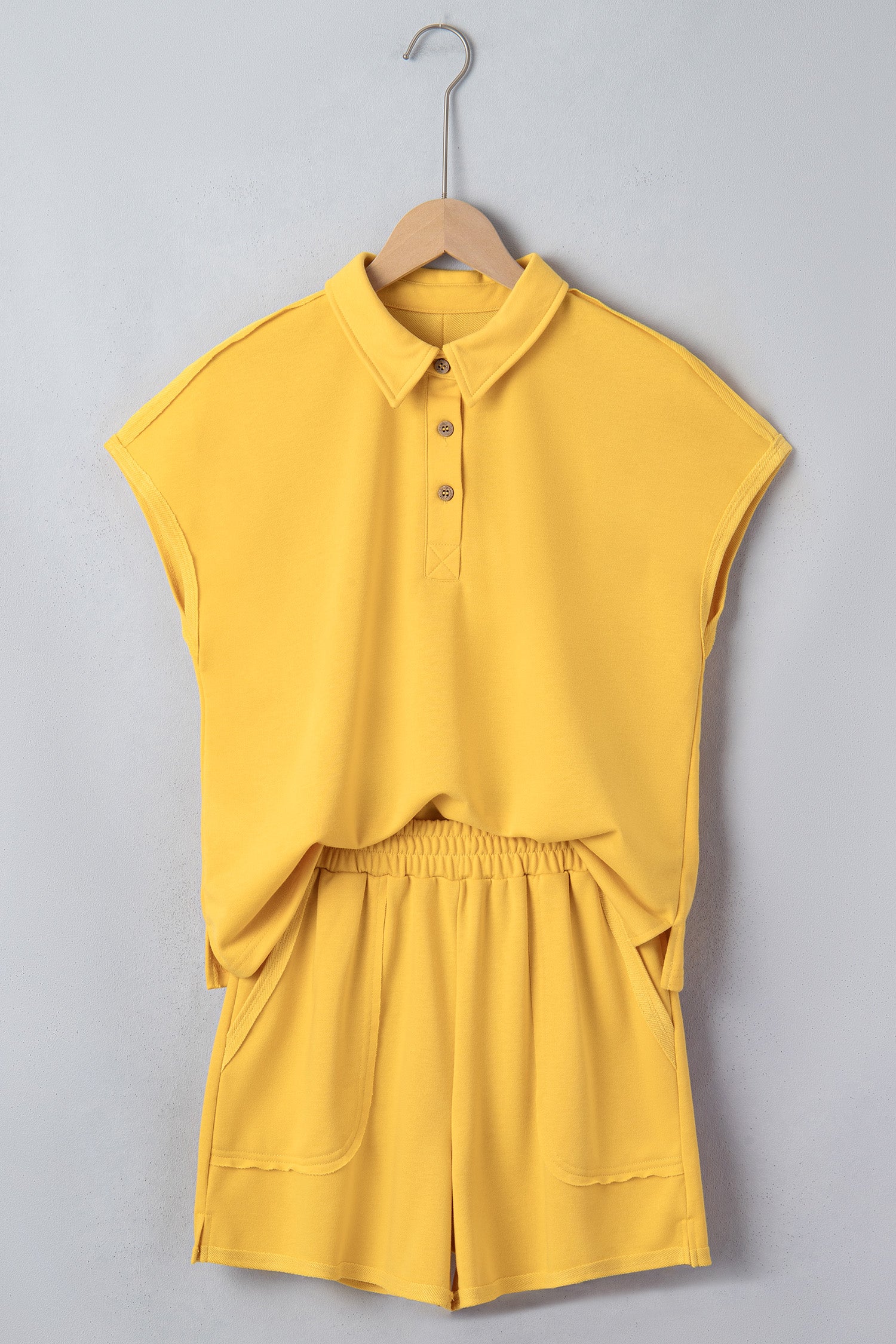Women's Yellow & Blue Loose Polo Tee & Elastic Waist Shorts Co-ord Set | S-XL at LivelyLooks