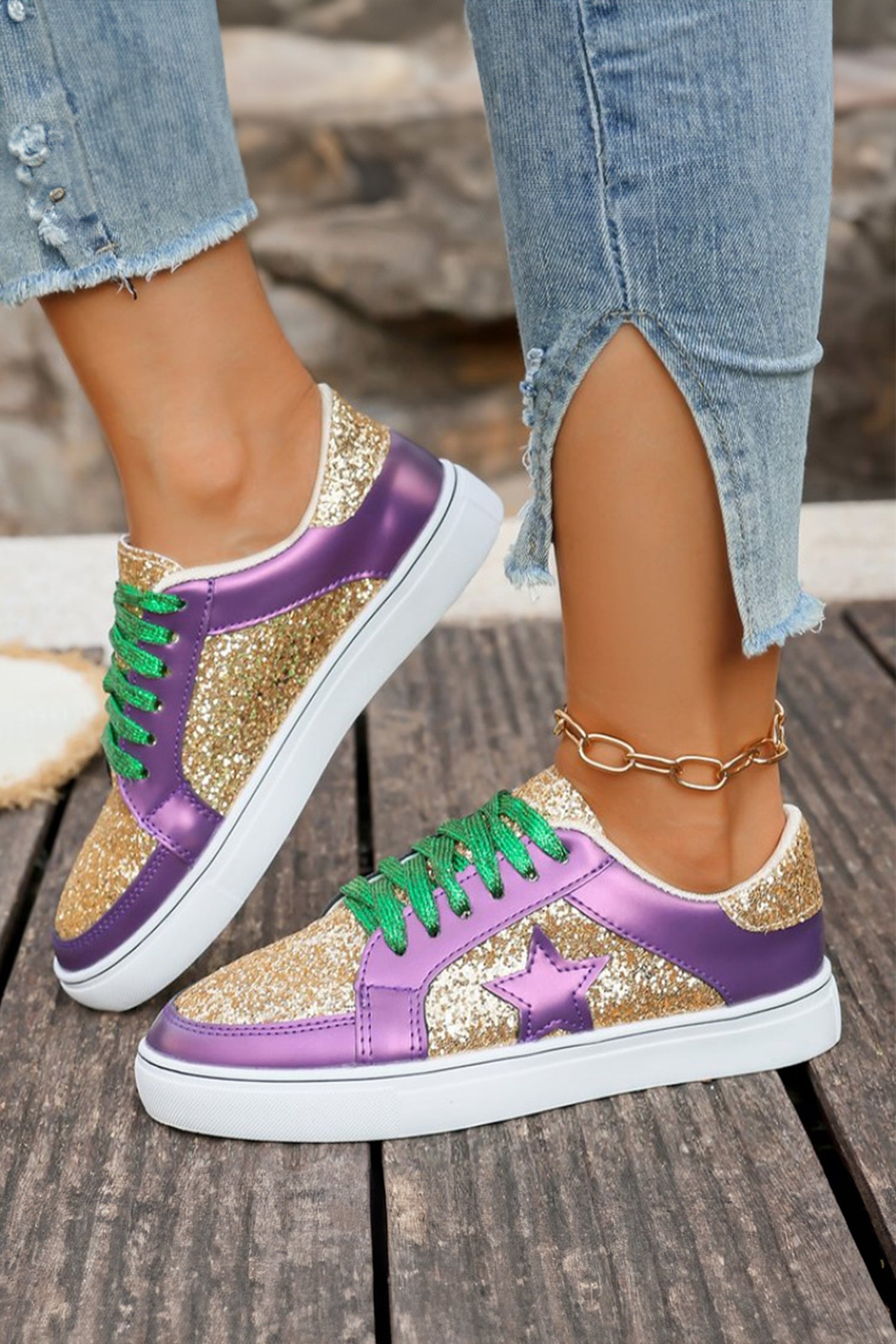 Women's Glitter Star Patchwork PU Leather Lace-Up Sneakers | Purple & Gold at LivelyLooks