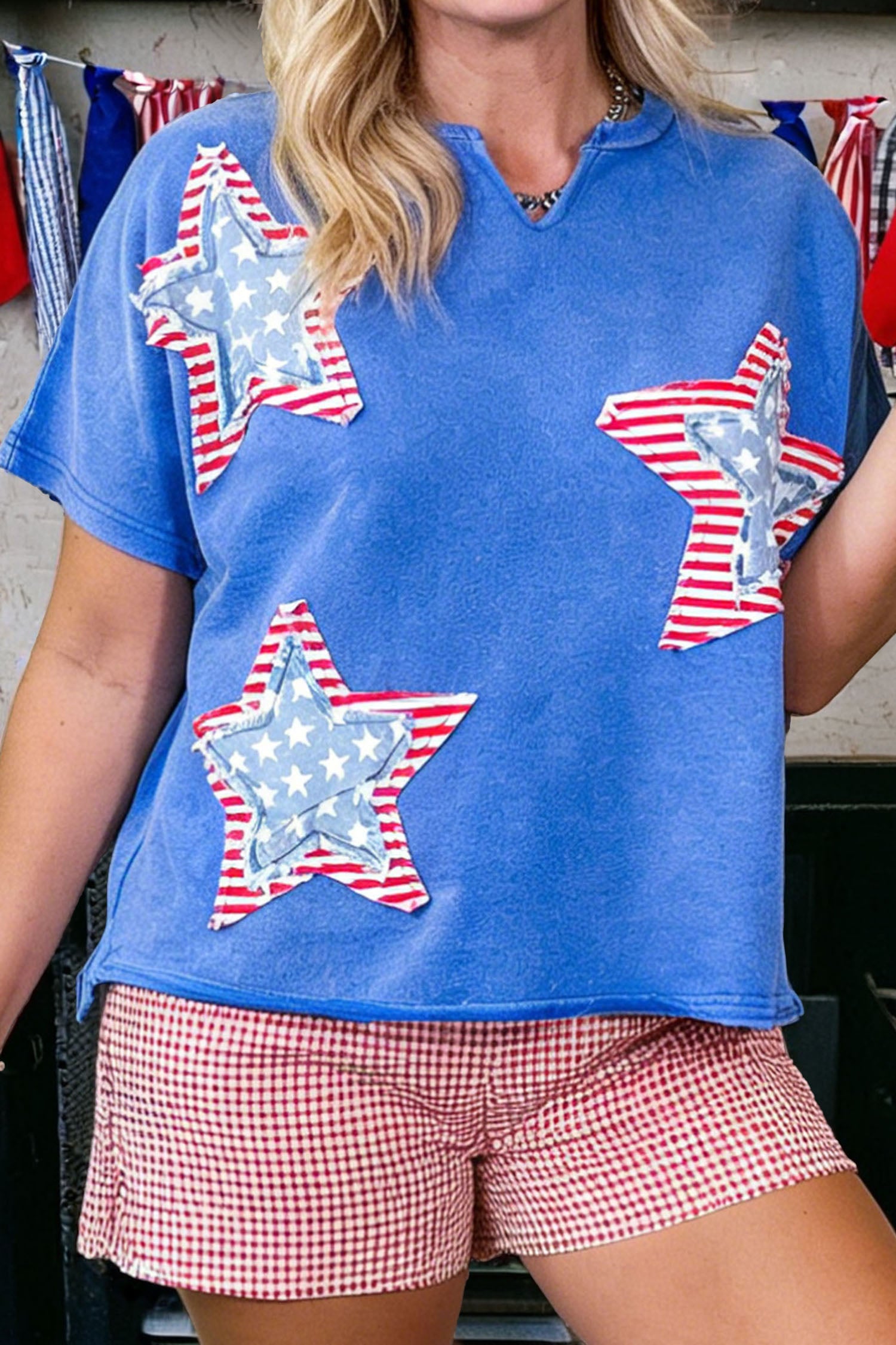Women's White & Sky Blue Star Patch Notched Neck Mineral Wash Dolman Tee at LivelyLooks