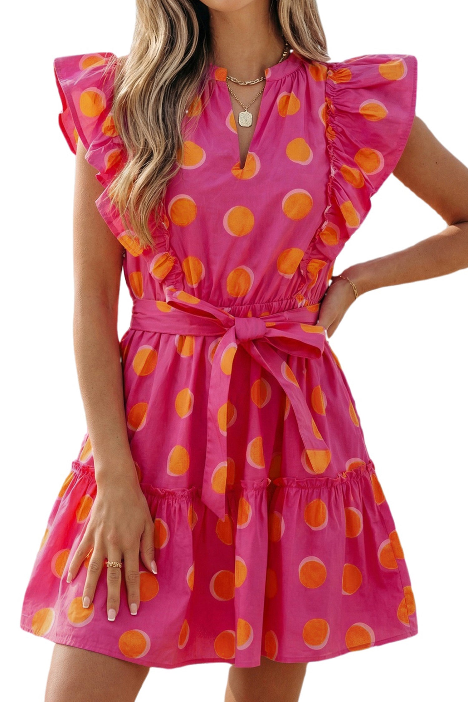Rose Polka Dot V-Neck Ruffle Short Sleeve Knot Waist Mini Dress