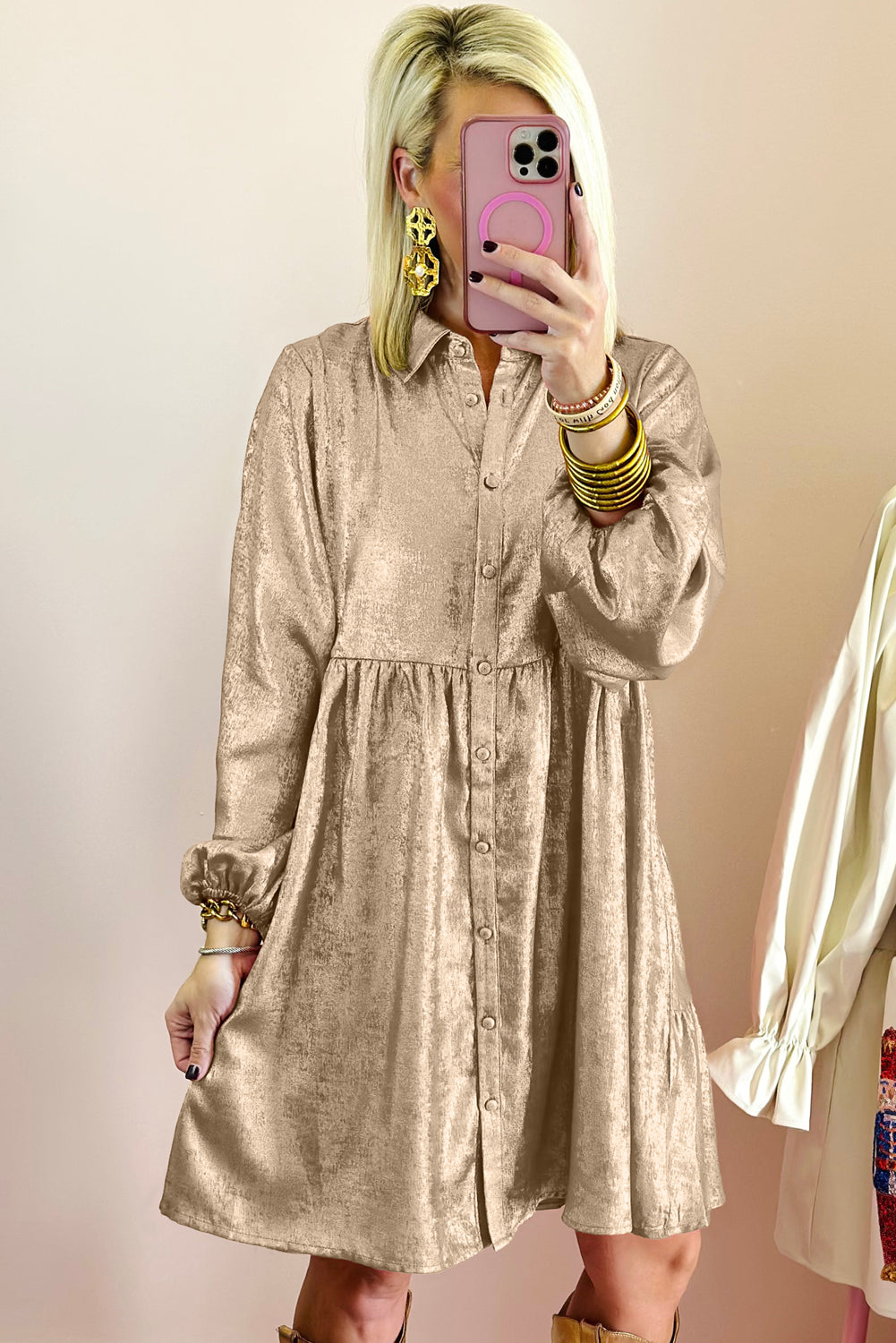 LivelyLooks Beige Metallic Puff Sleeve Button-Up Mini Shirt Dress S-XL women's fashion