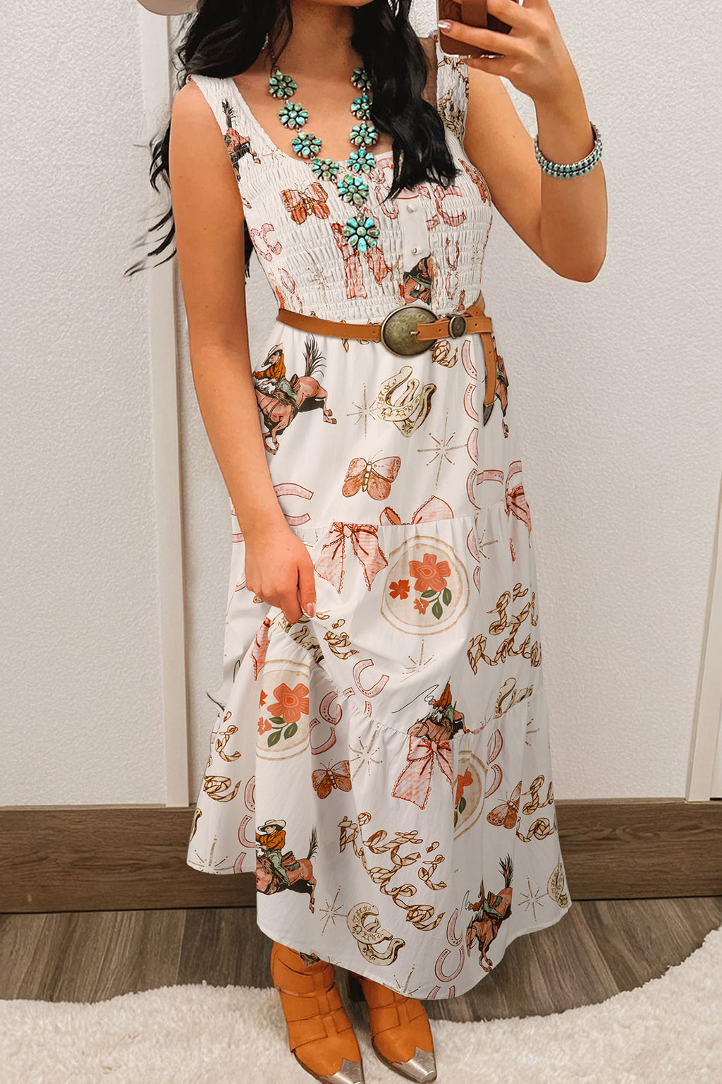 Women's White Western Horseshoe Print U-Neck Sleeveless Midi Dress at LivelyLooks