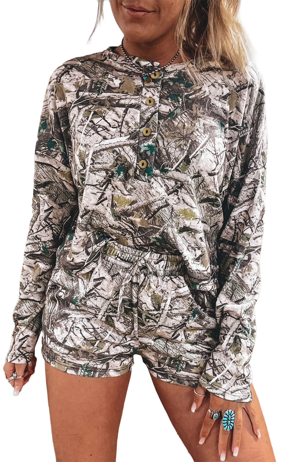 Brown Camo Long Sleeve Top & Elastic Waist Shorts Two Piece Set | UK 8–22