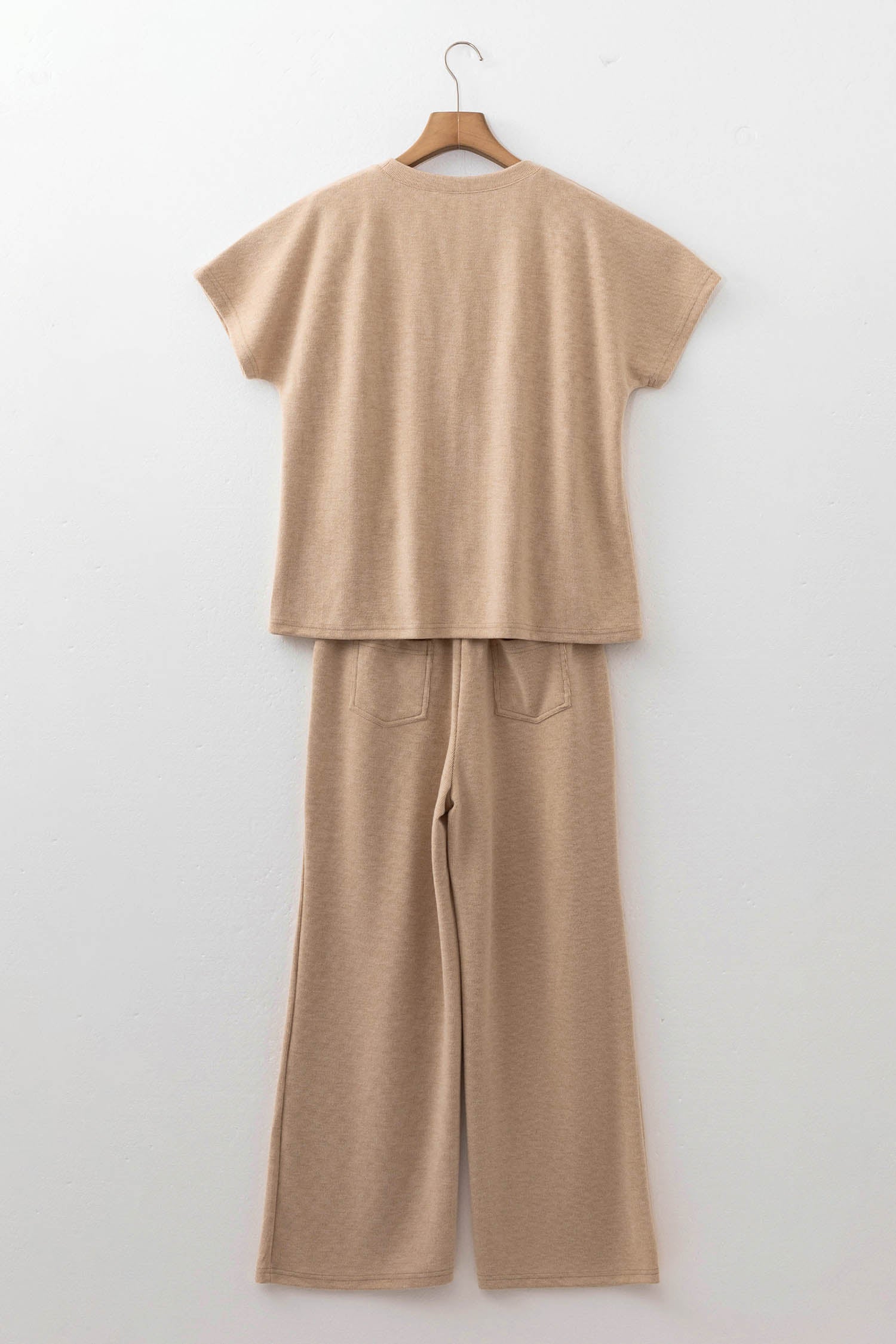 Beige Ribbed Short Sleeve Top & Casual Trousers Set | UK 8–18