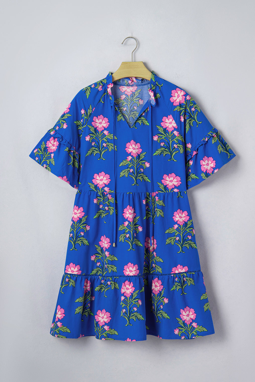 Blue V Neck Short Sleeve Loose Floral Maxi Dress S-XL