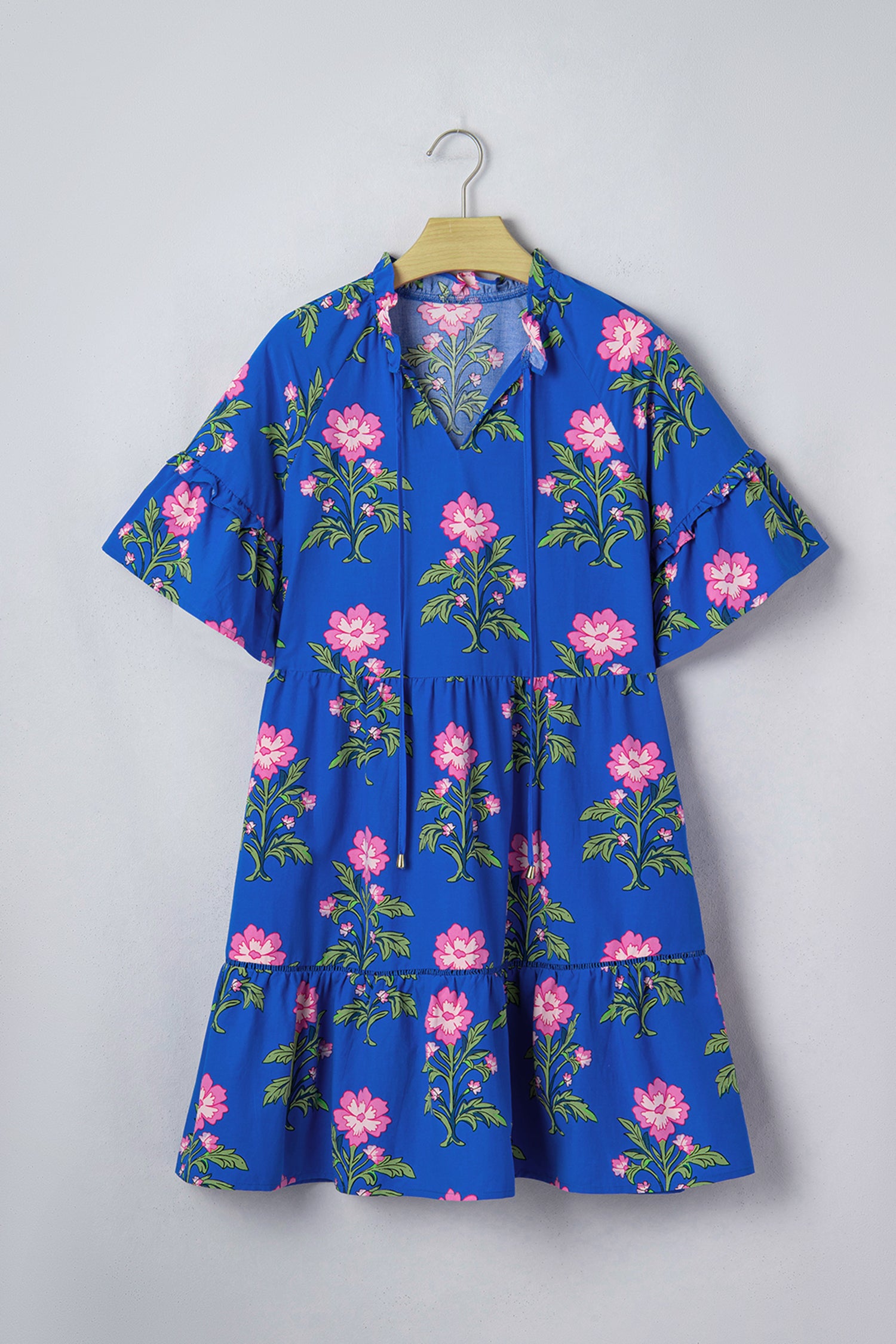 Blue V Neck Short Sleeve Loose Floral Maxi Dress S-XL