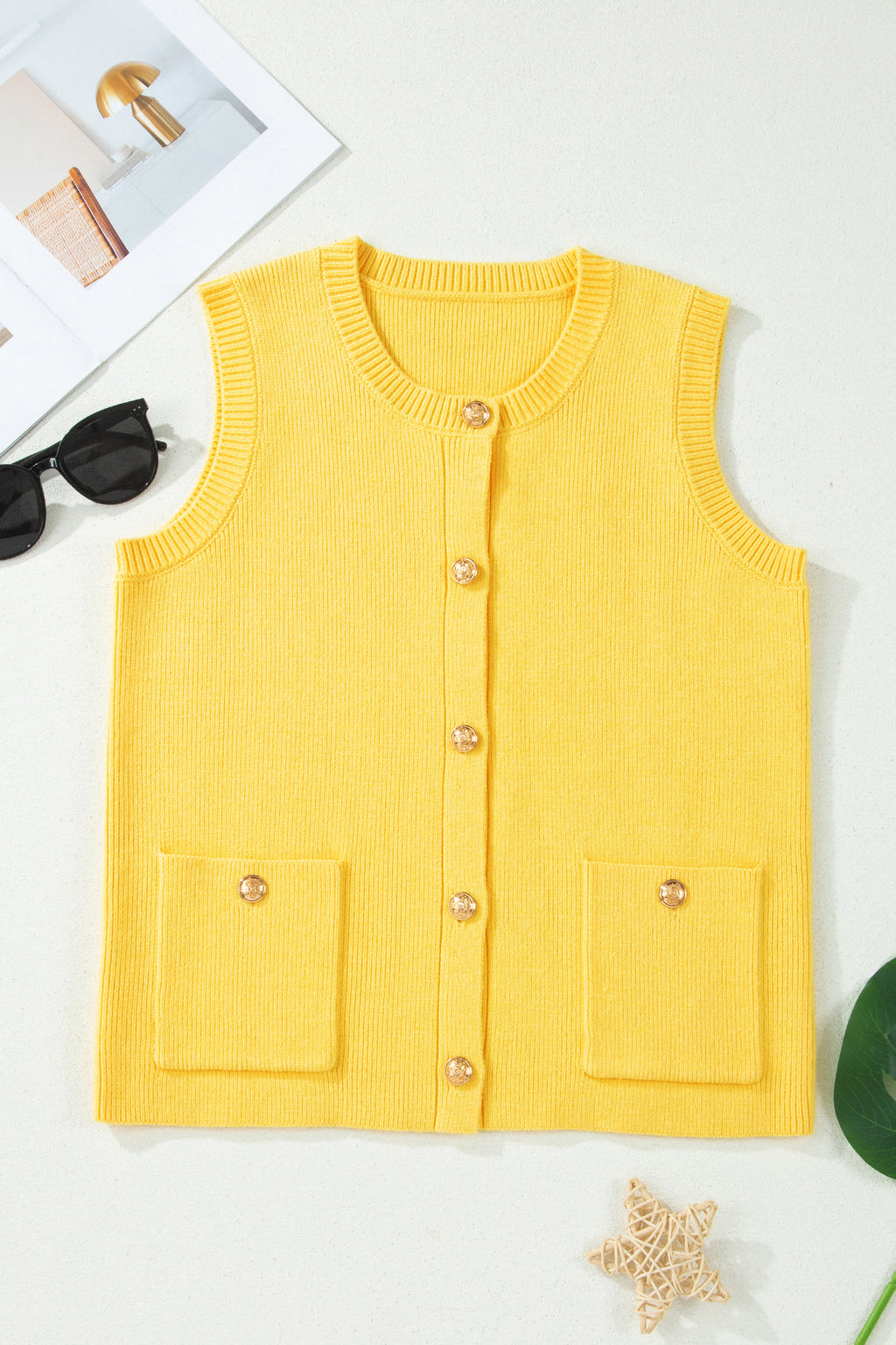Shop White Yellow Sleeveless Knit Button Sweater Vest Pockets S-XL at LivelyLooks