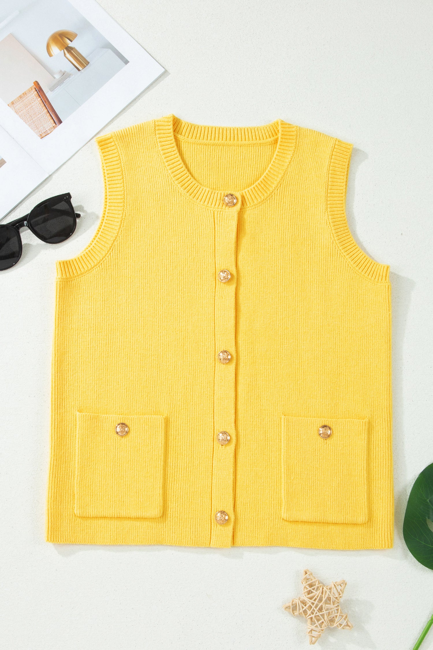 Shop White Yellow Sleeveless Knit Button Sweater Vest Pockets S-XL at LivelyLooks