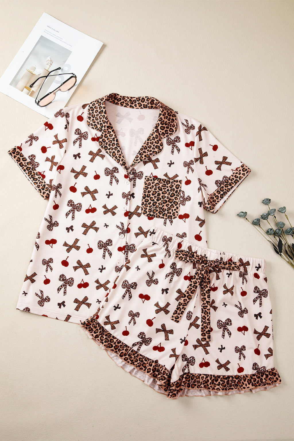 Shop White Cherry Print Leopard Patchwork PJ Set Bow Shirt and Drawstring Shorts Pyjamas at LivelyLooks