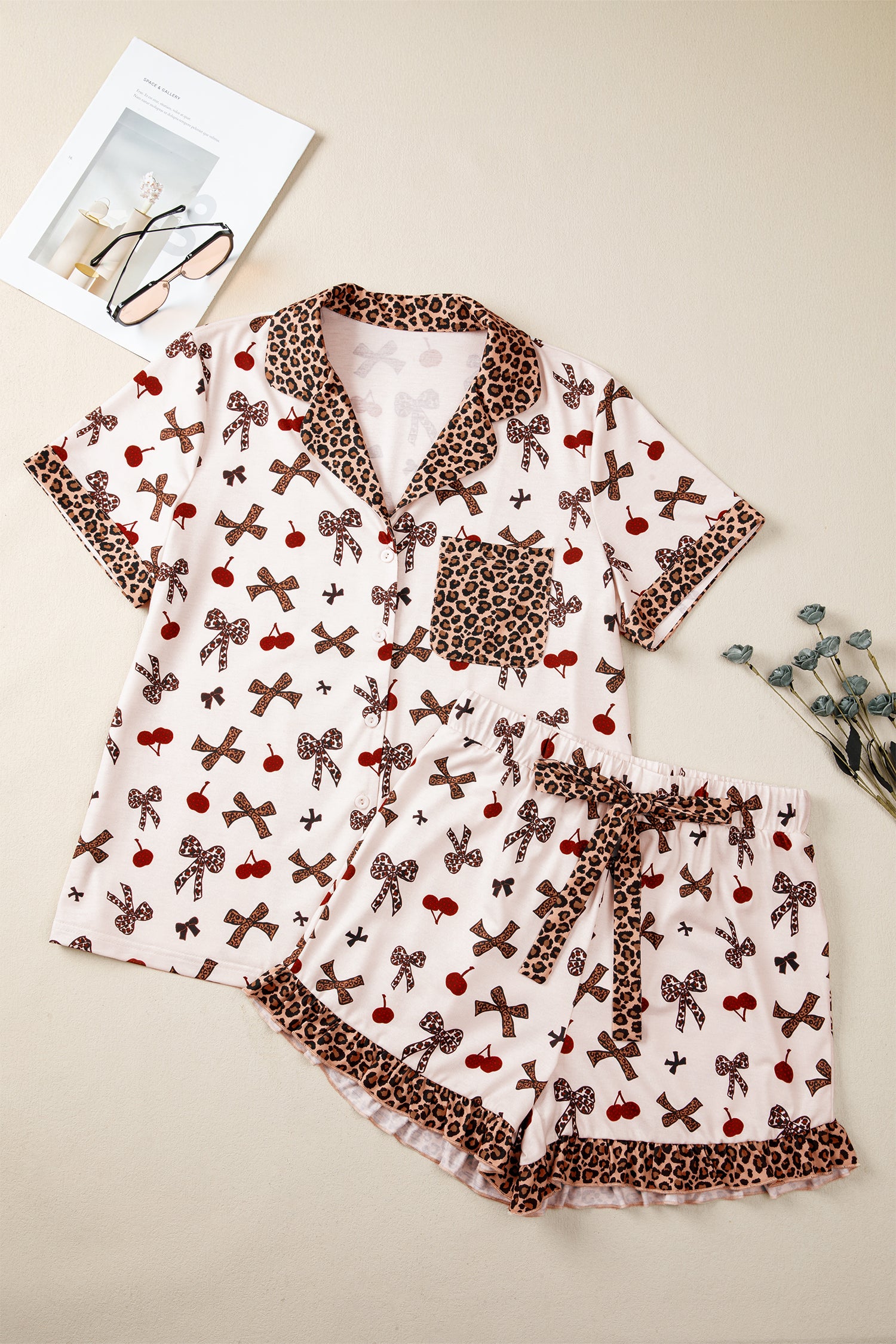 Shop White Cherry Print Leopard Patchwork PJ Set Bow Shirt and Drawstring Shorts Pyjamas at LivelyLooks