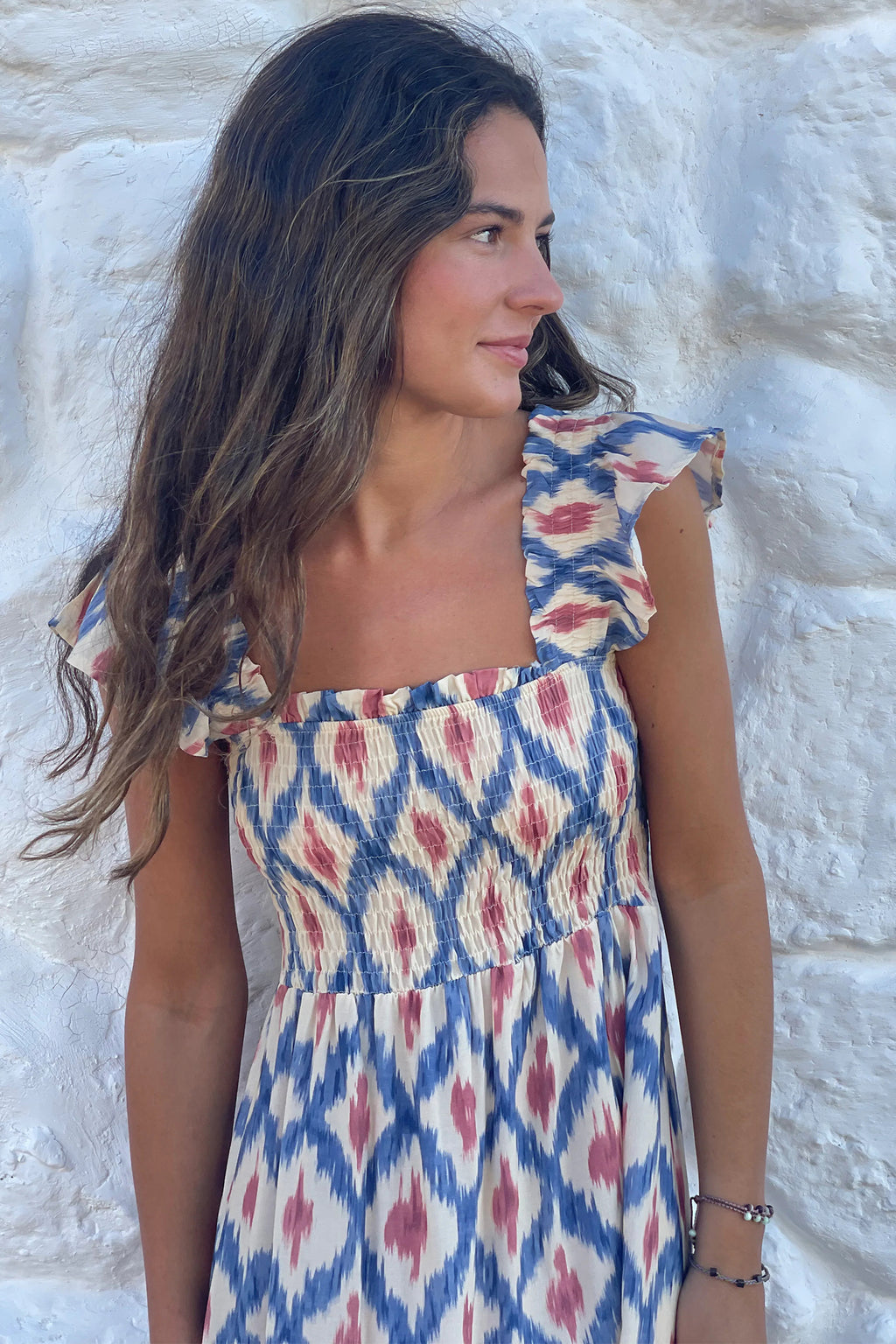 LivelyLooks Blue Ethnic Geometric Maxi Dress | Square Neck Smocked Waist Ruffle Sleeve women's fashion
