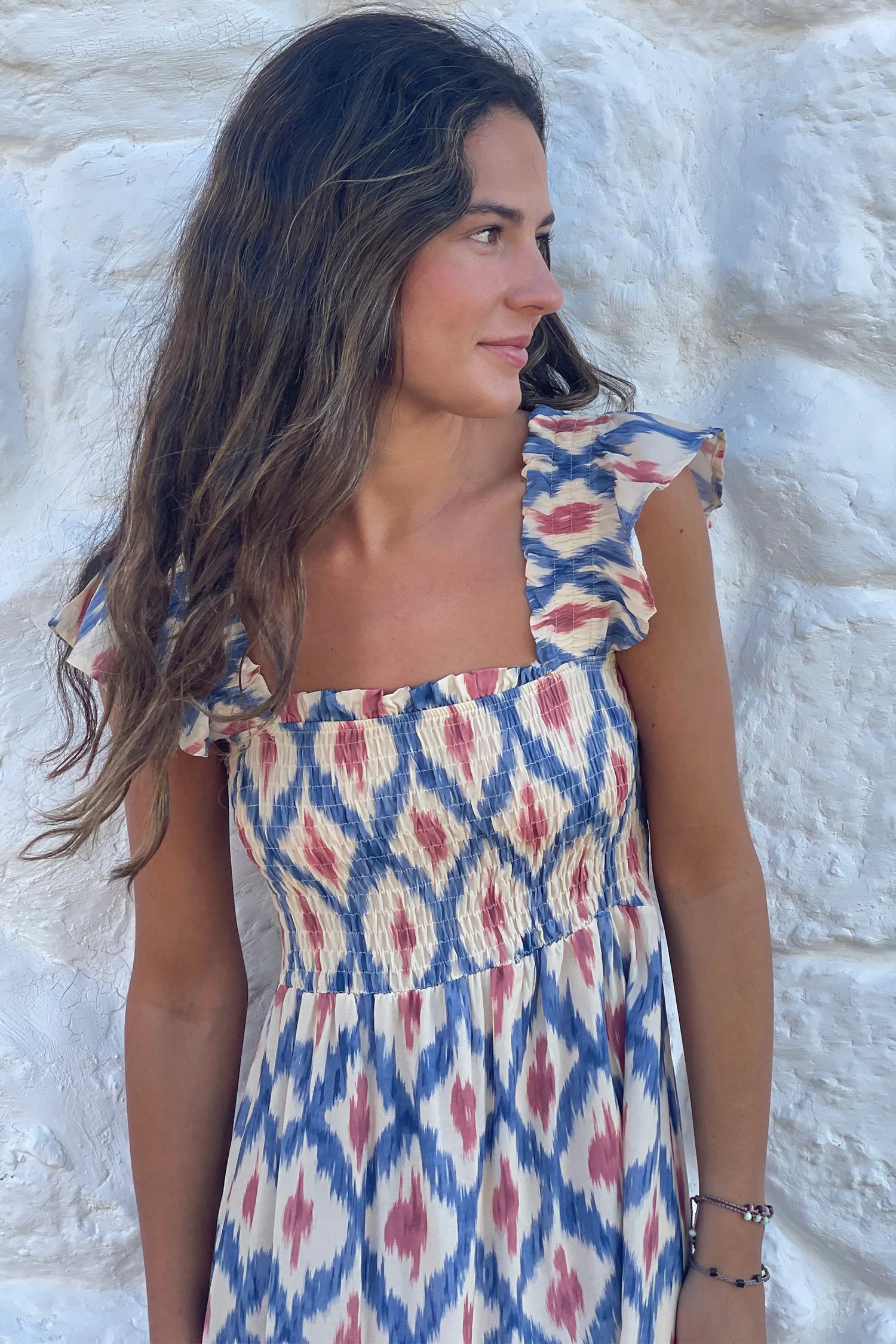 LivelyLooks Blue Ethnic Geometric Maxi Dress | Square Neck Smocked Waist Ruffle Sleeve women's fashion