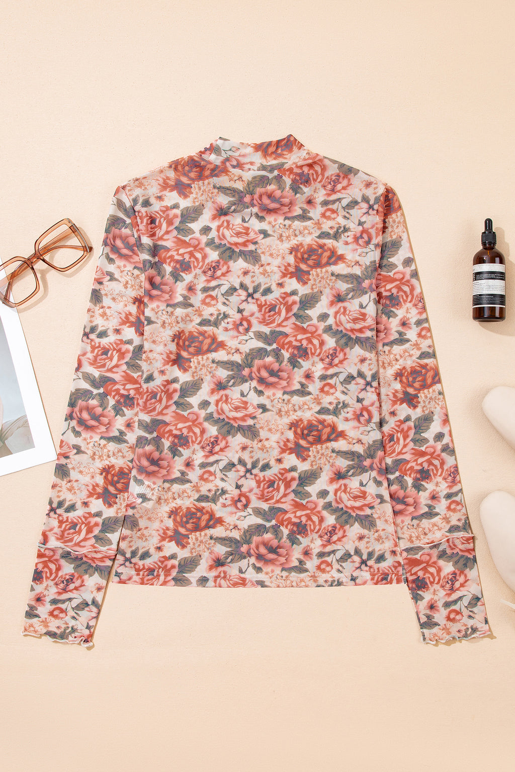 Shop White Retro Floral Mesh Mock Neck Long Sleeve Top at LivelyLooks