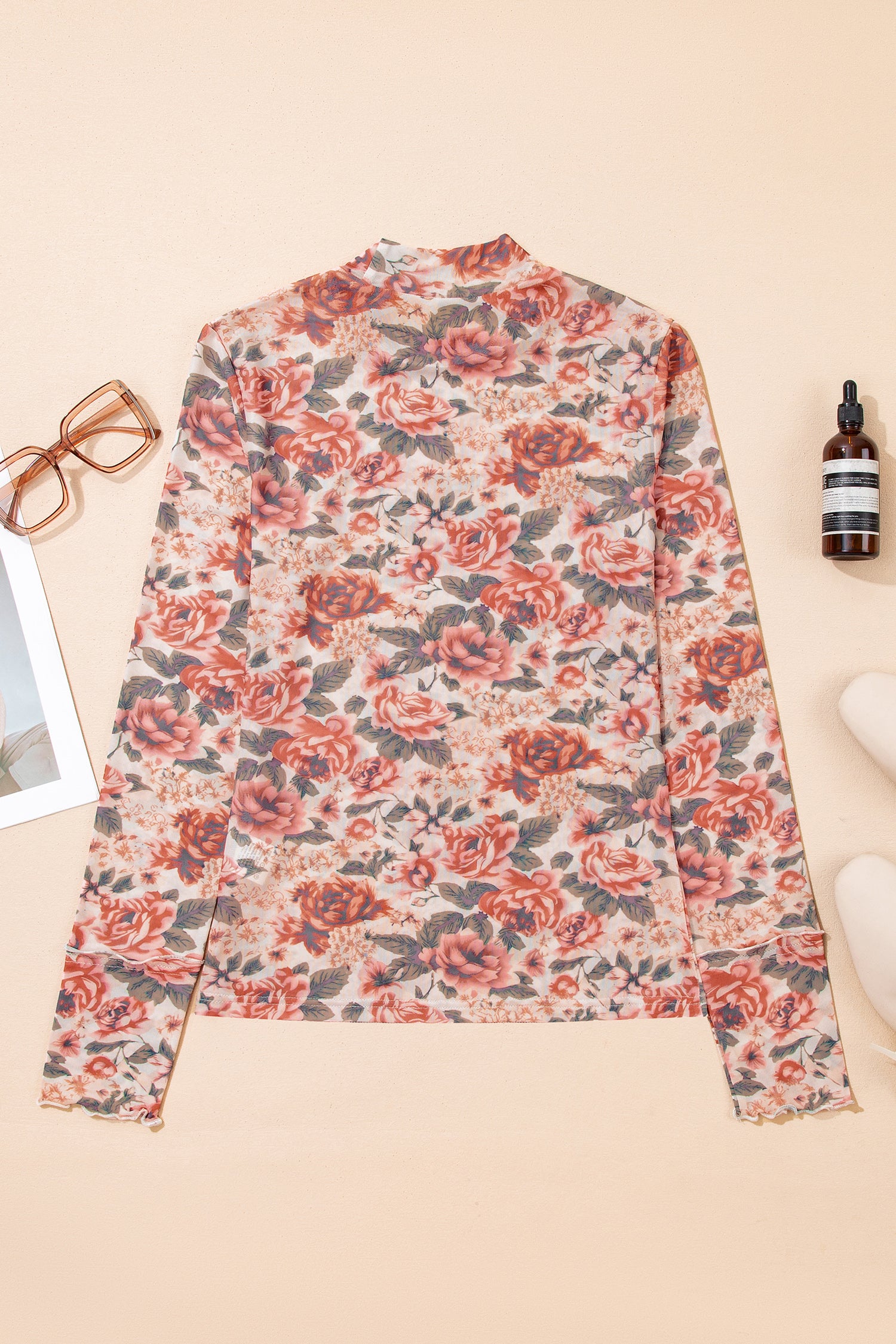 Shop White Retro Floral Mesh Mock Neck Long Sleeve Top at LivelyLooks