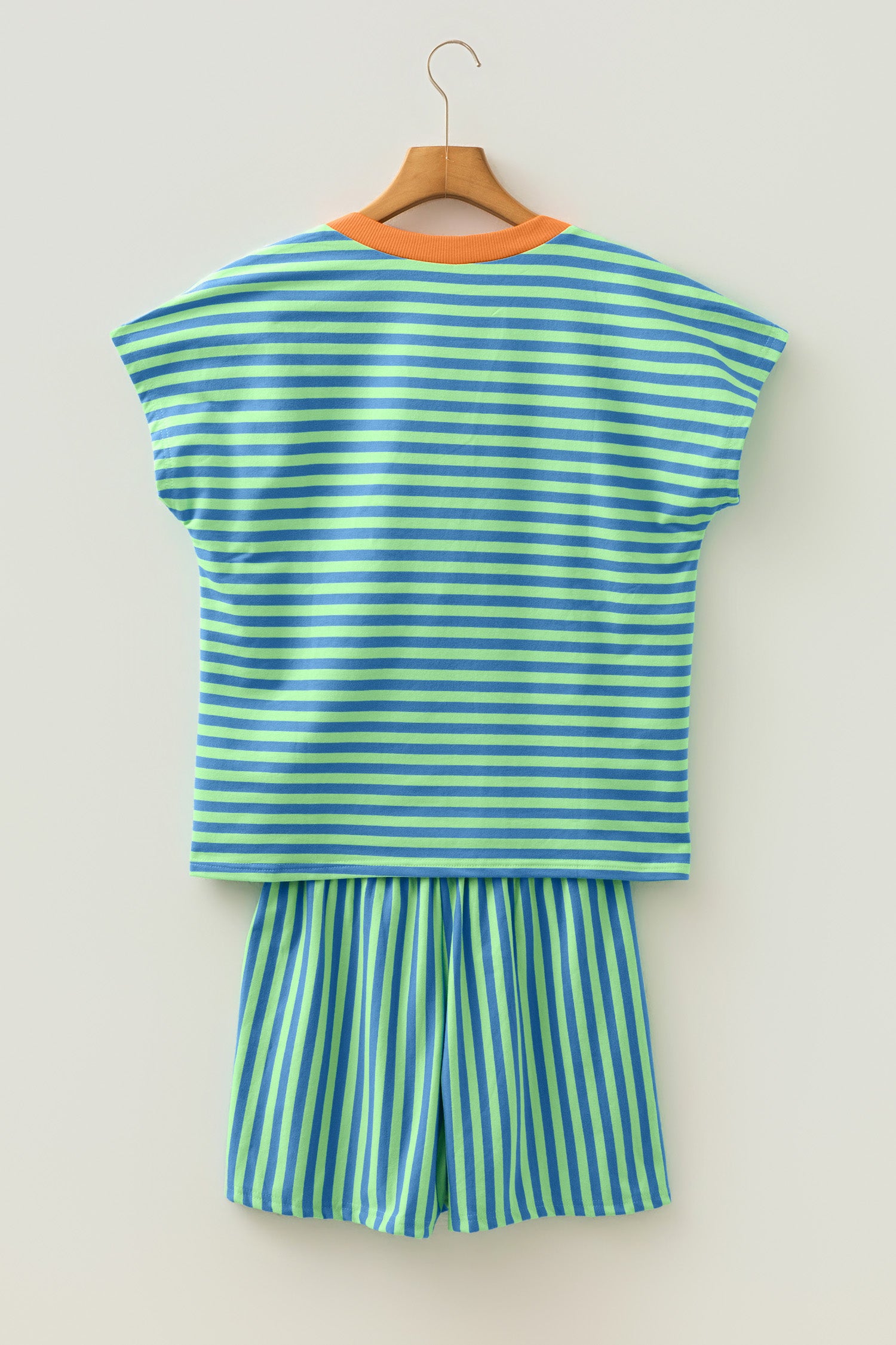Stripe Colour Block V Neck Tee & Drawstring Shorts Set Pink Green Women S-XL