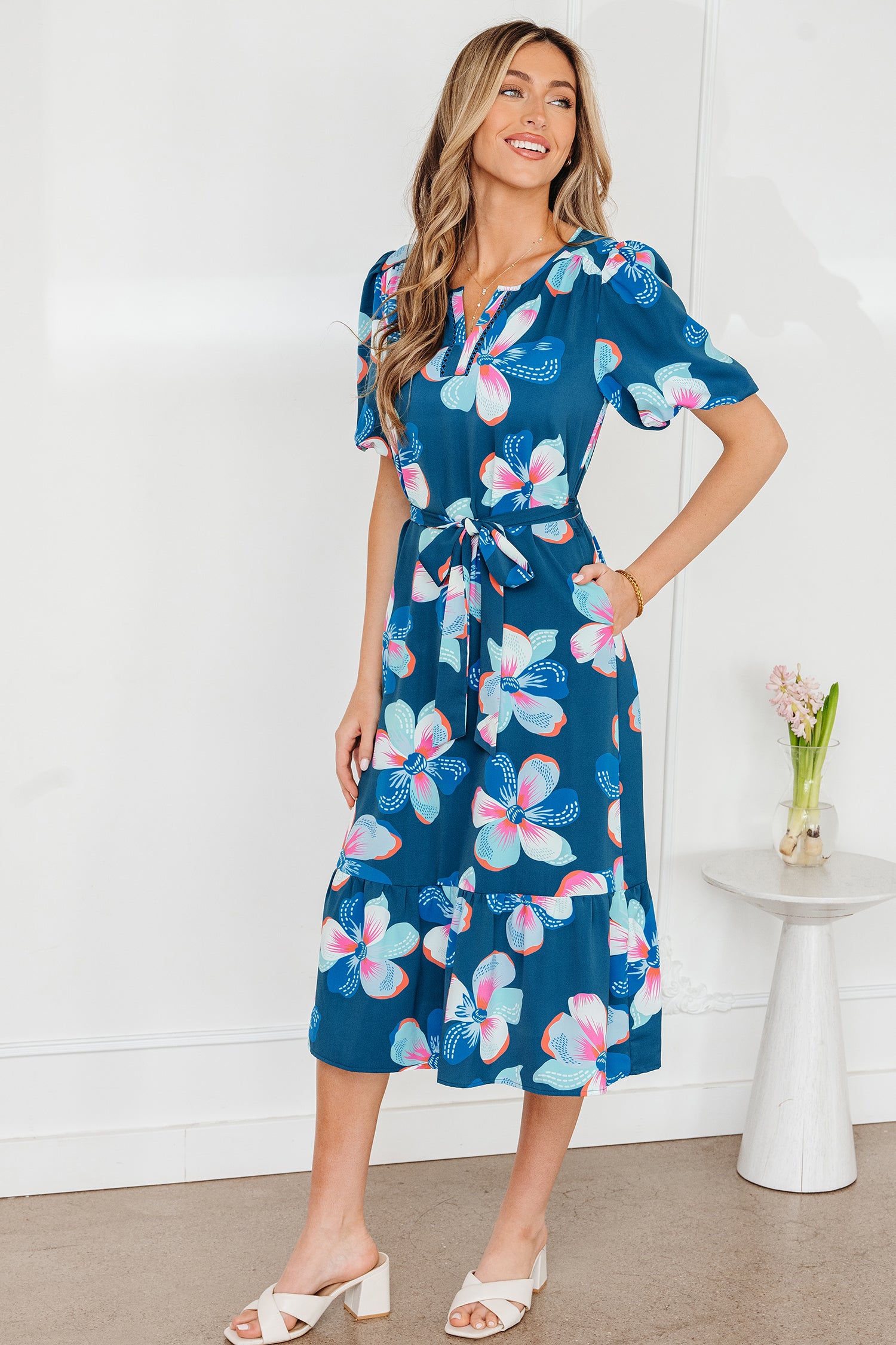 Blue Floral Puff Sleeve Ruffle Hem Belted Long Dress S-XL