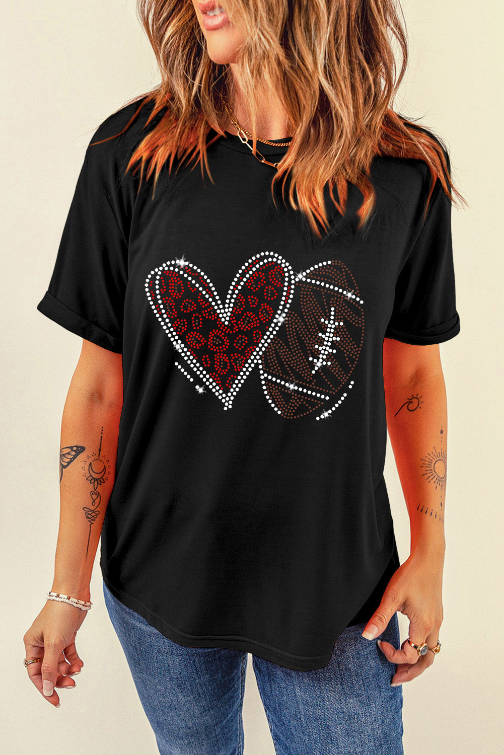 Women's Black Rhinestone Rugby Football Heart Shape Graphic T Shirt Sparkle Gem Tee Top at LivelyLooks