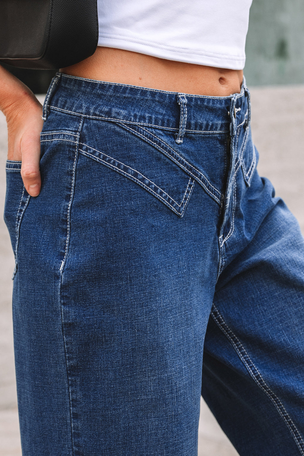 Sail Blue Loose Cuffed Jeans Stitched Waist Detail Women UK 4-16