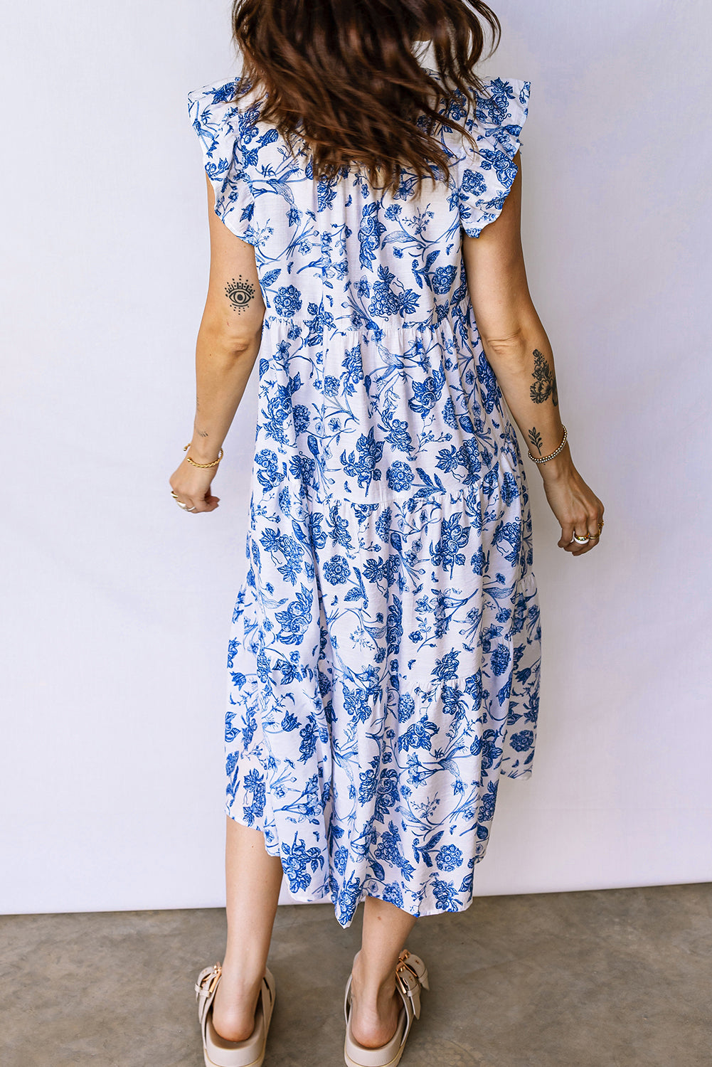 Women's Blue Ruffled Short Sleeve Tiered Floral Midi Dress at LivelyLooks