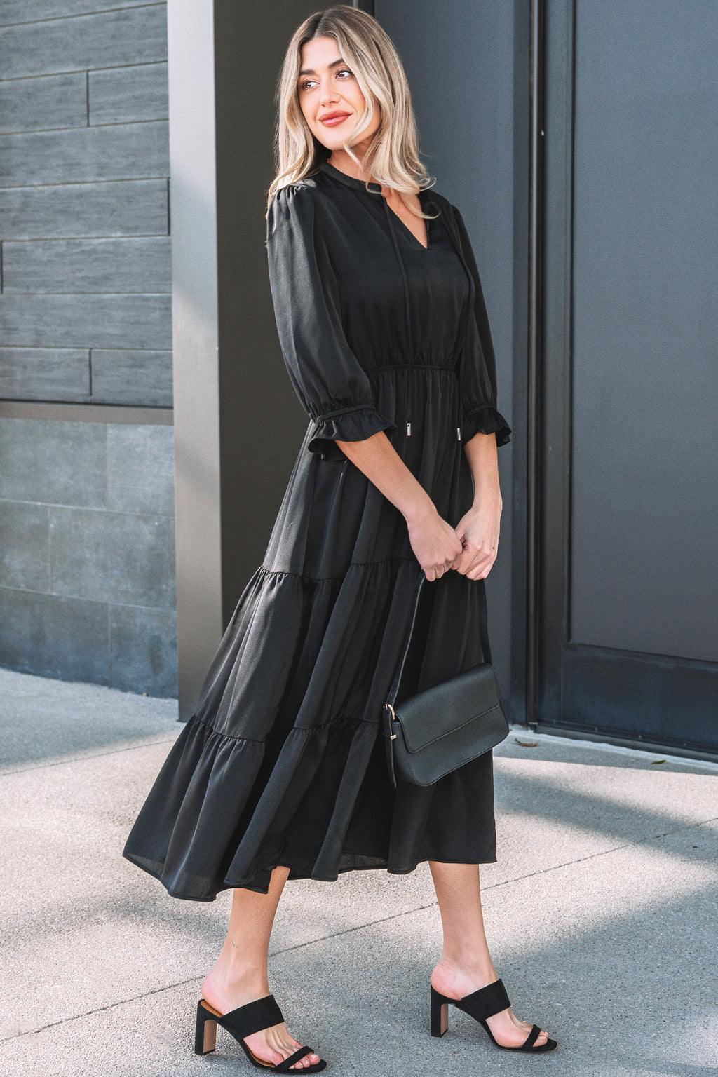 Black Tiered Maxi Dress Flounced Bracelet Sleeve V Neck Women S-XL