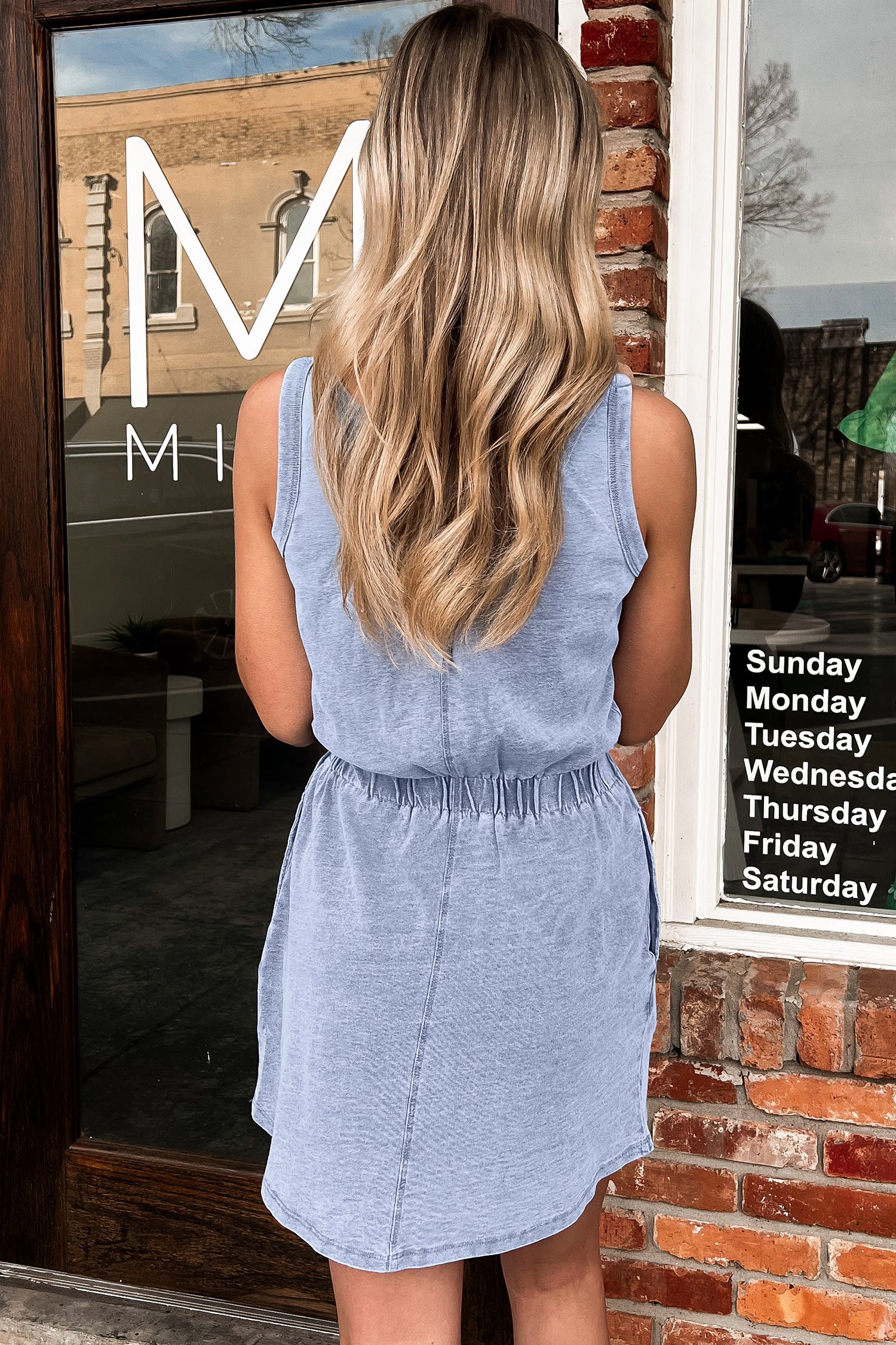 Smoke Grey & Dark Blue Mineral Wash U Neck Elastic Waist Sleeveless Mini Dress S-XL