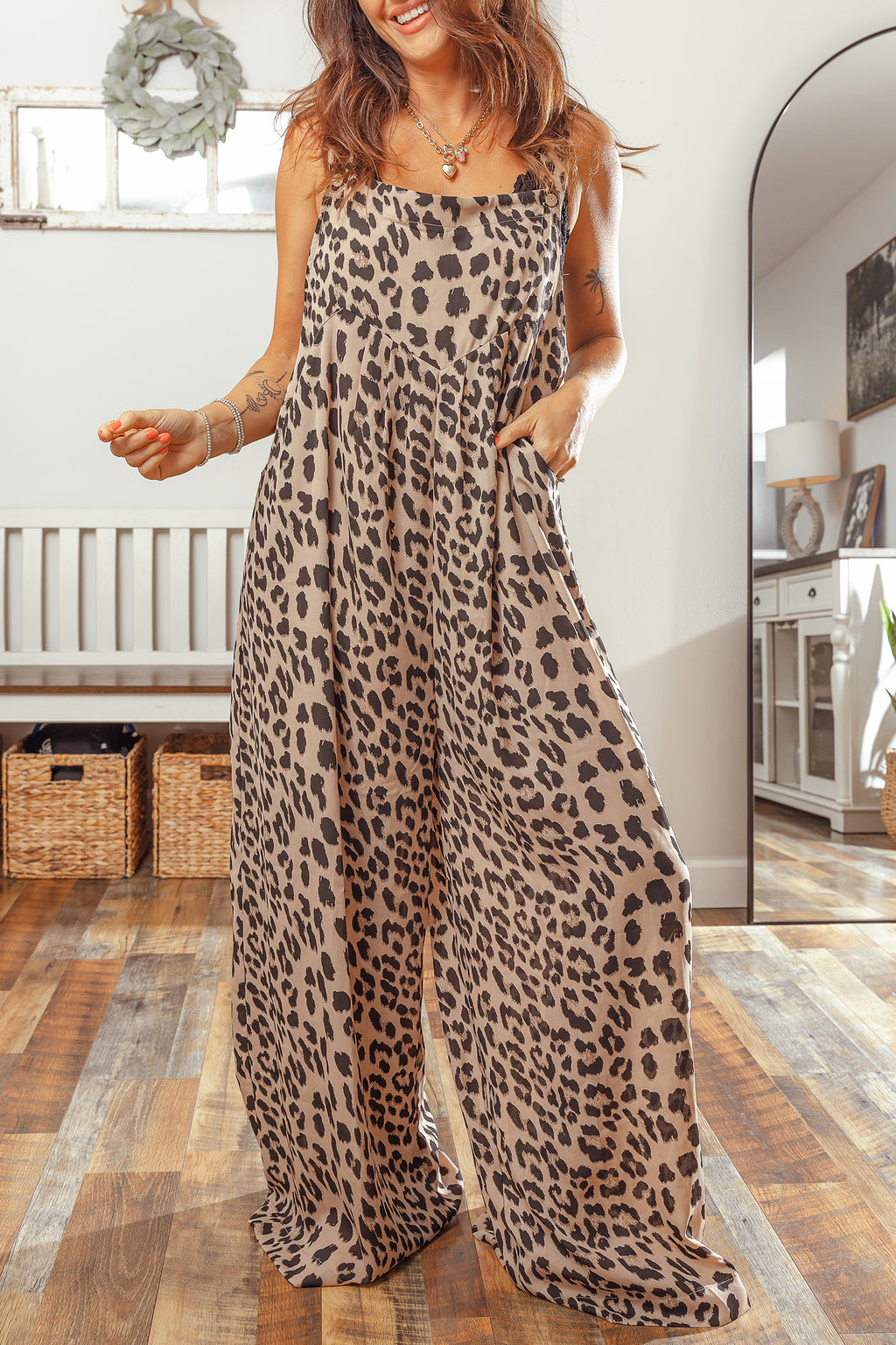 Leopard Print Square Neck Pleated Wide Leg Jumpsuit – Khaki