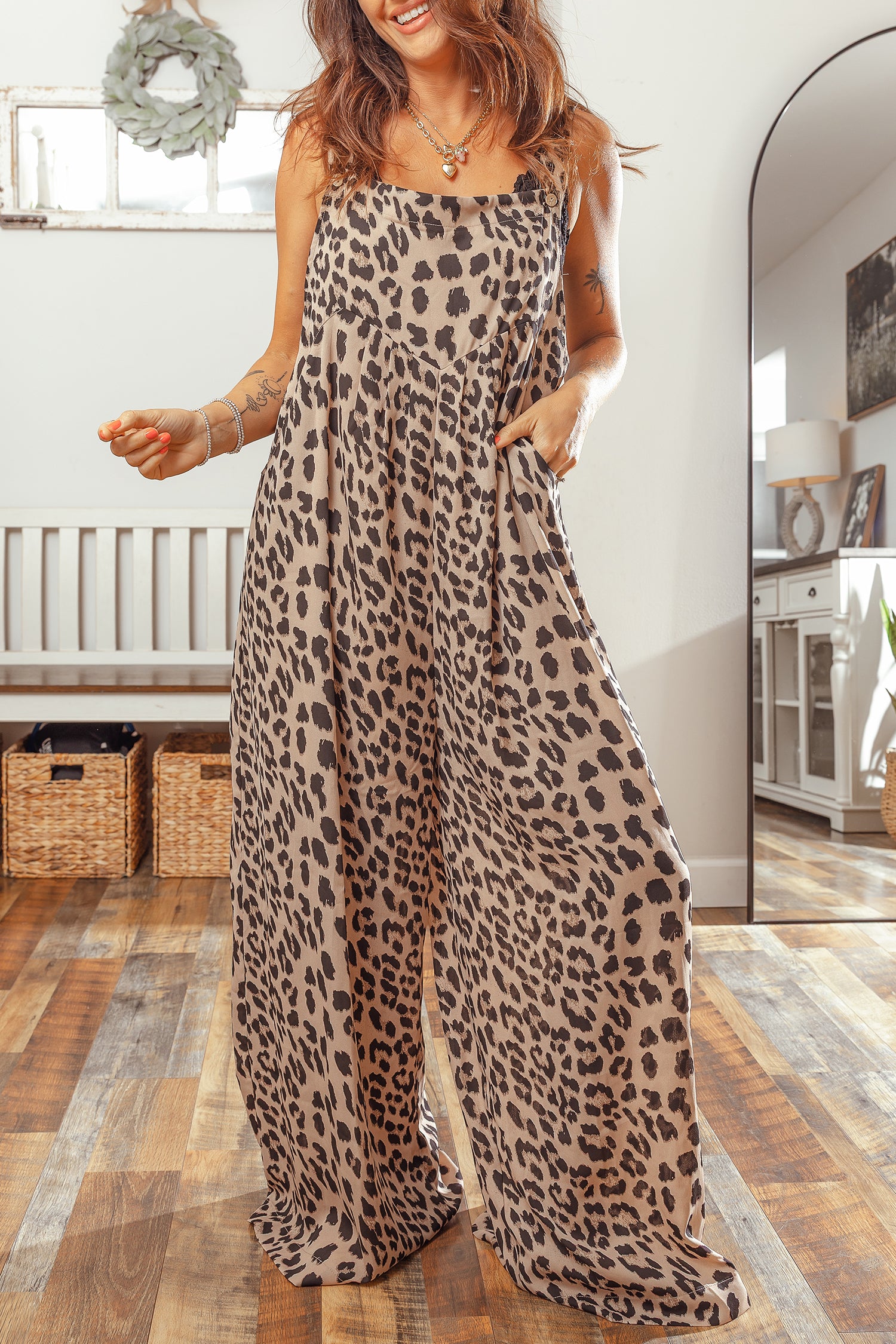 Leopard Print Square Neck Pleated Wide Leg Jumpsuit – Khaki