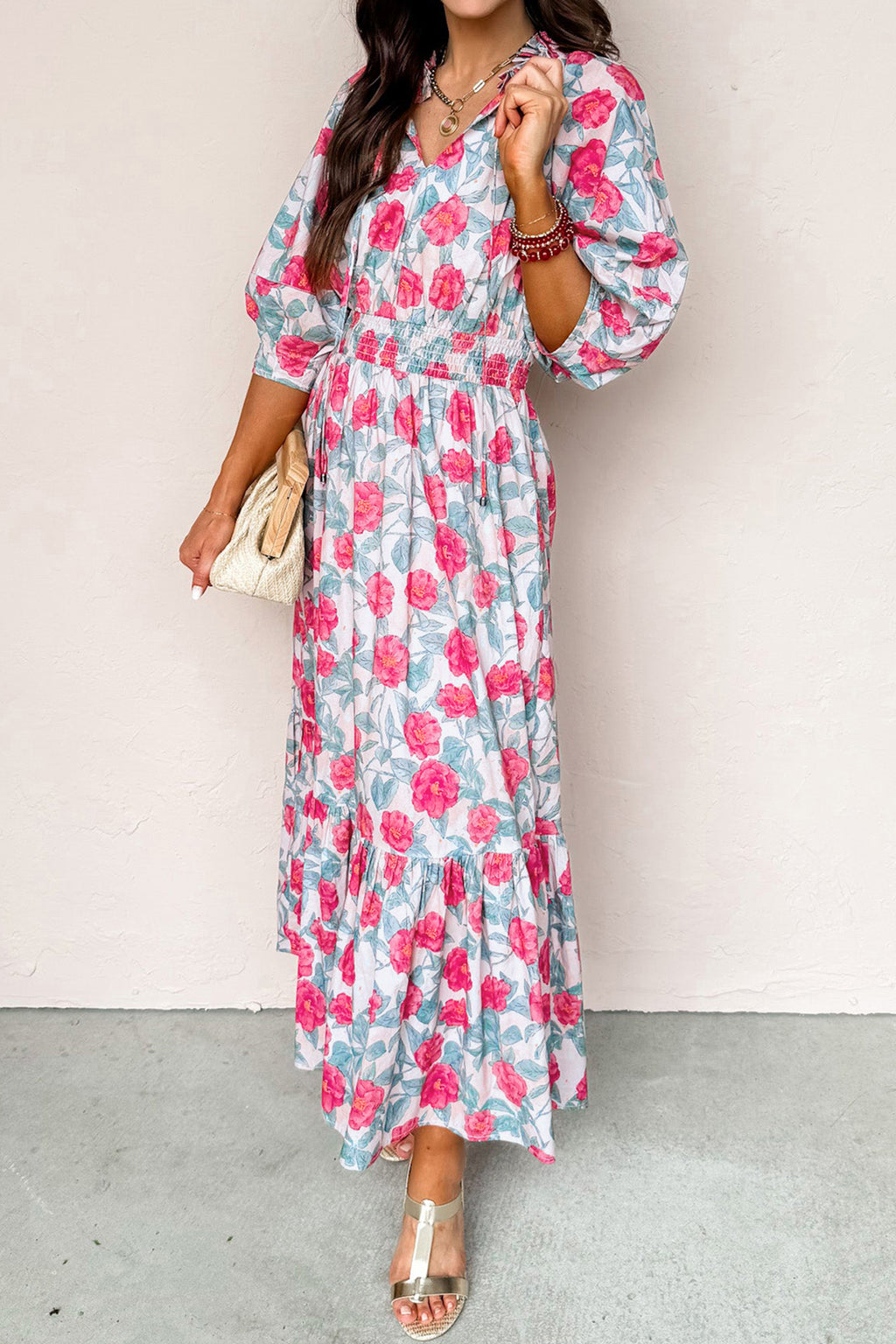 Women's Red Elegant Floral Puff Sleeve Midi Dress at LivelyLooks