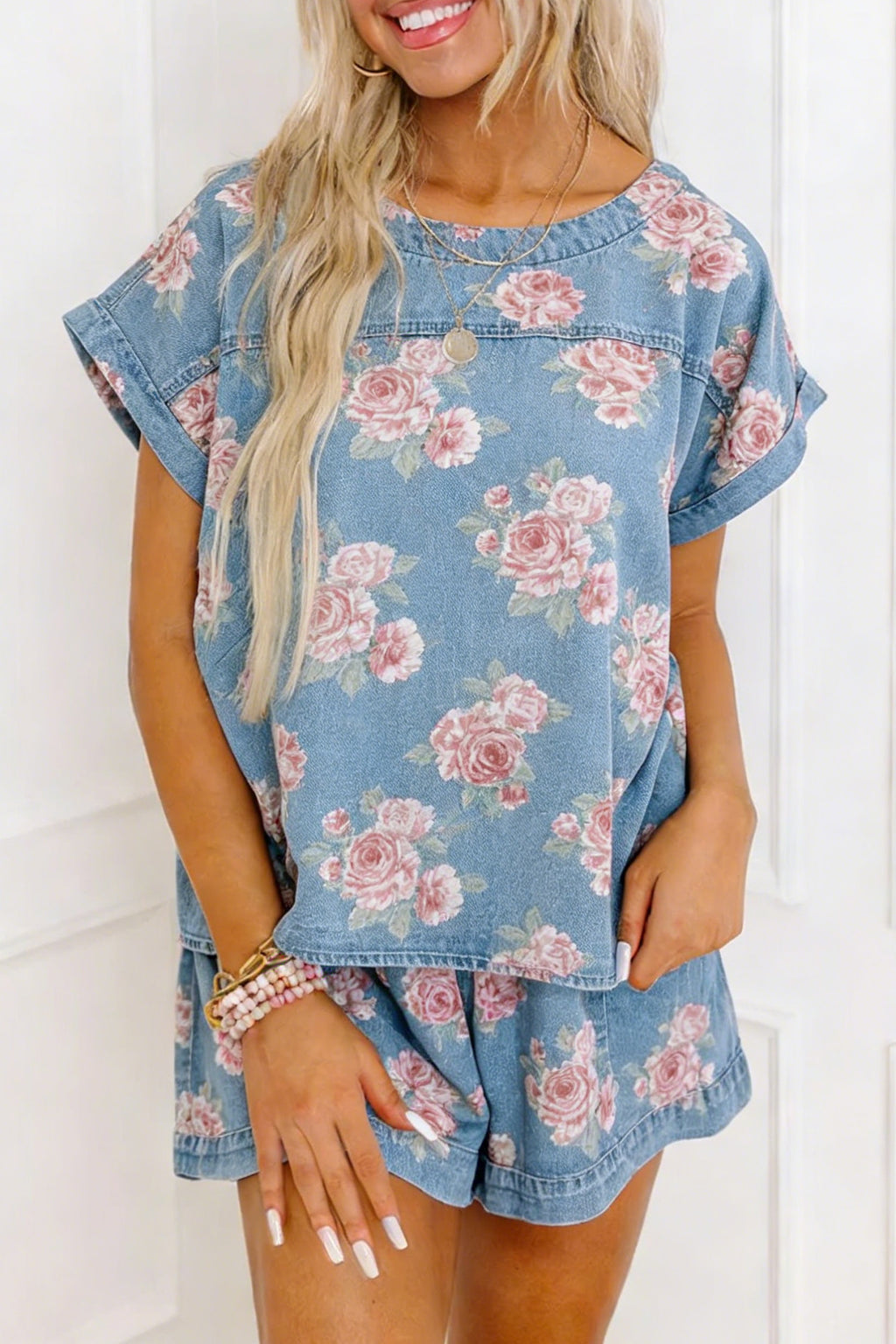 Sky Blue Floral Denim Short Sleeve Top & Loose Shorts 2pcs Set