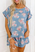 Sky Blue Floral Denim Short Sleeve Top & Loose Shorts 2pcs Set